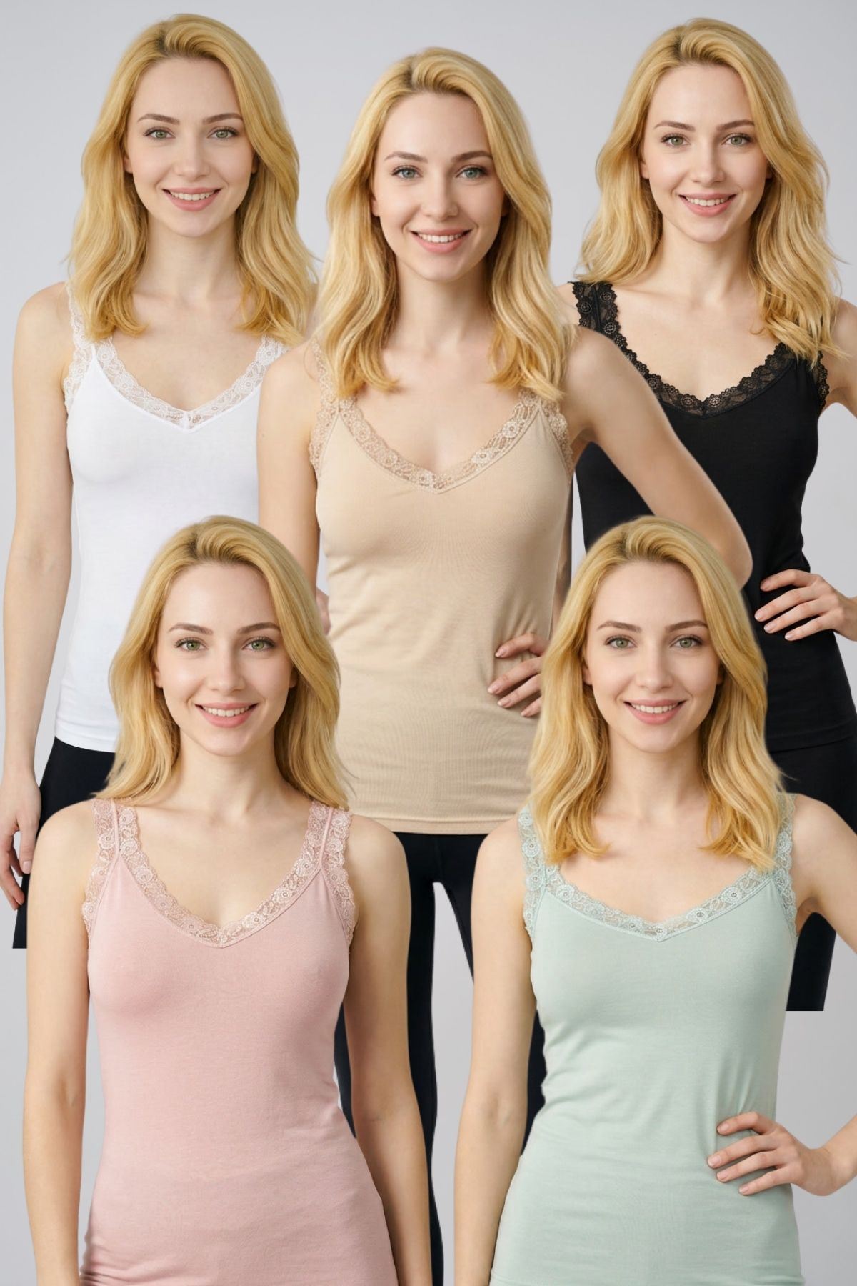 5'li Mega Paket V Yaka Dantelli Pamuklu Kalın Askılı Kadın Body BEYAZ-SİYAH-TEN-PUDRA-YEŞİL