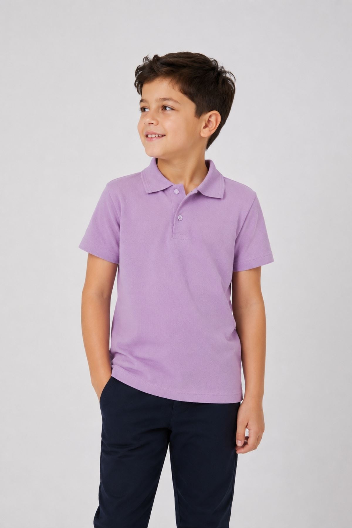 Unisex Kız Erkek Çocuk Lila Polo Yaka Düğmeli Kısa Kollu Pamuklu Basic Tişört Günlük Okul Rahat Kesim T-Shirt