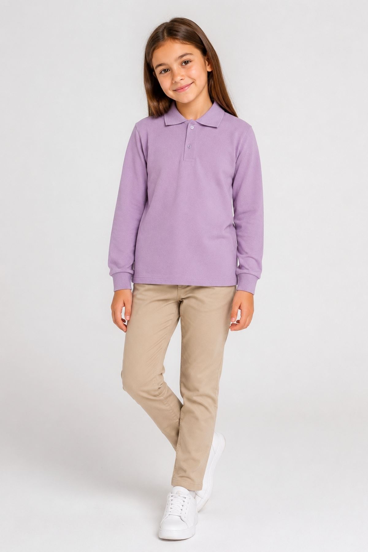 Çocuk Unisex Lila Renk 2'li Set Pamuklu Polo Yaka Düğmeli Tişört - Hem Uzun Hem Kısa Kollu Okul ve Günlük Giyim Rahat Kalıp Basic T-shirt