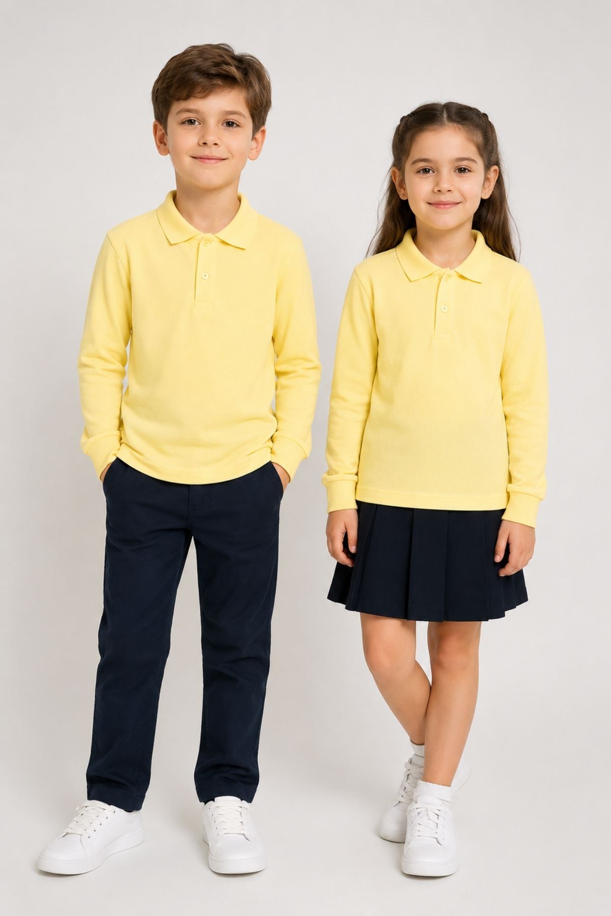 Çocuk Unisex 2'li Set Pamuklu Polo Yaka Düğmeli Tişört - Hem Uzun Hem Kısa Kollu Okul ve Günlük Giyim Rahat Kalıp Basic T-shirt
