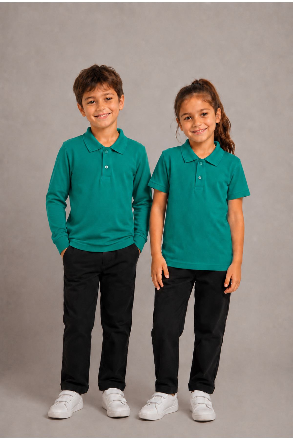 Çocuk Unisex 2'li Set Pamuklu Polo Yaka Düğmeli Tişört - Hem Uzun Hem Kısa Kollu Okul ve Günlük Giyim Rahat Kalıp Basic T-shirt