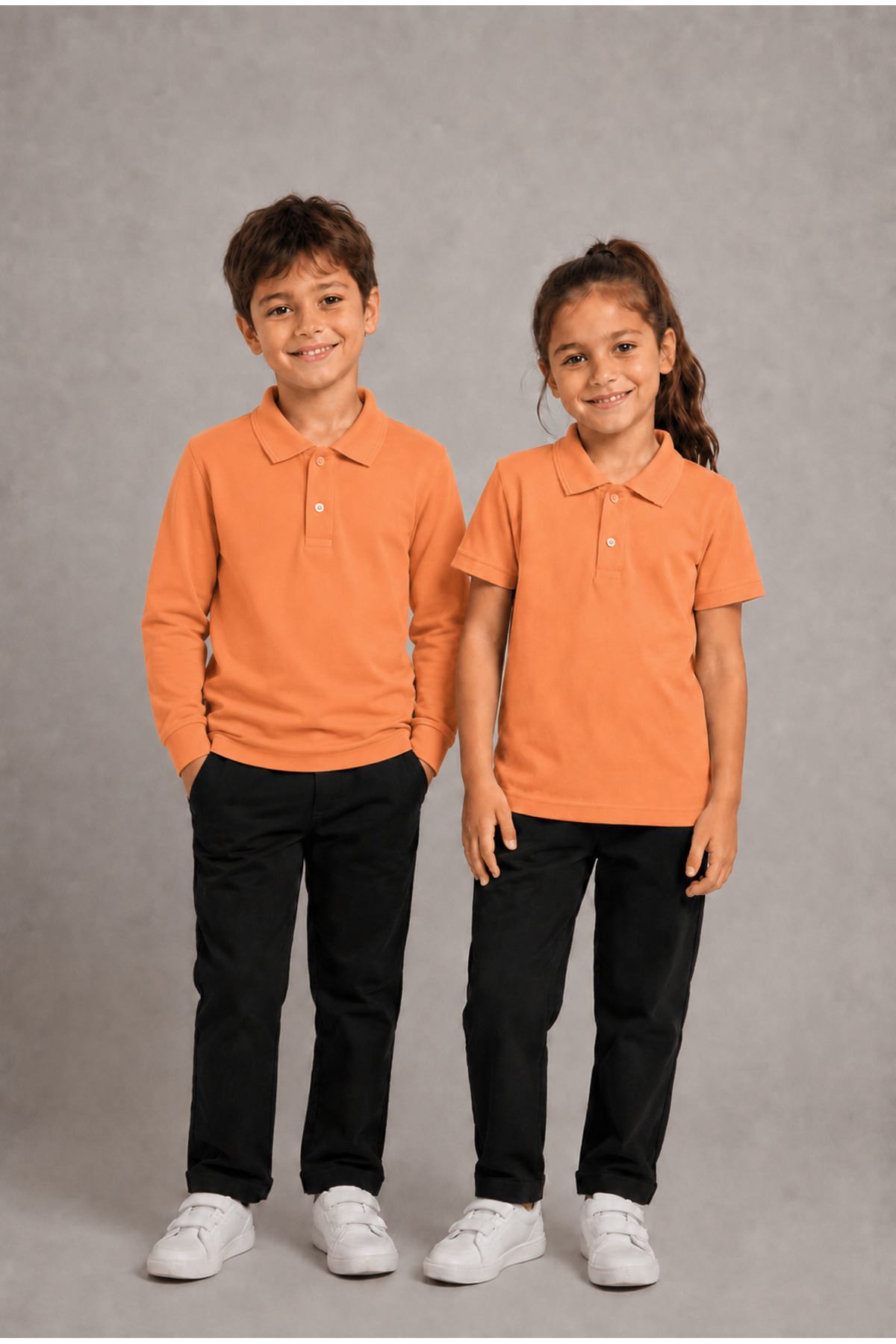 Çocuk Unisex 2'li Set Pamuklu Polo Yaka Düğmeli Tişört - Hem Uzun Hem Kısa Kollu Okul ve Günlük Giyim Rahat Kalıp Basic T-shirt