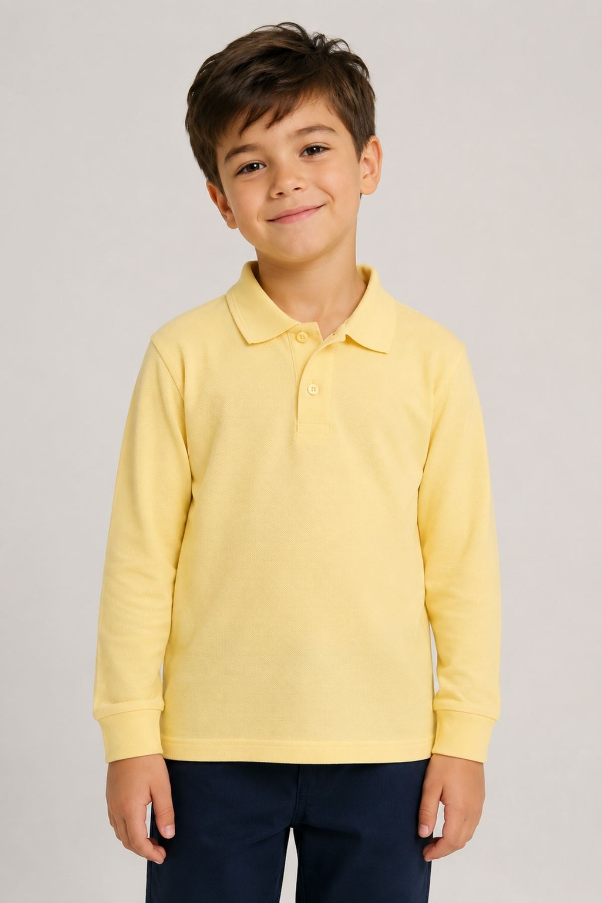 Unisex Çocuk Gri Melanj Uzun Kollu Polo Yaka Düz Basic Tişört - Rahat Pamuklu Kumaş Günlük ve Okul Kullanımına Uygun