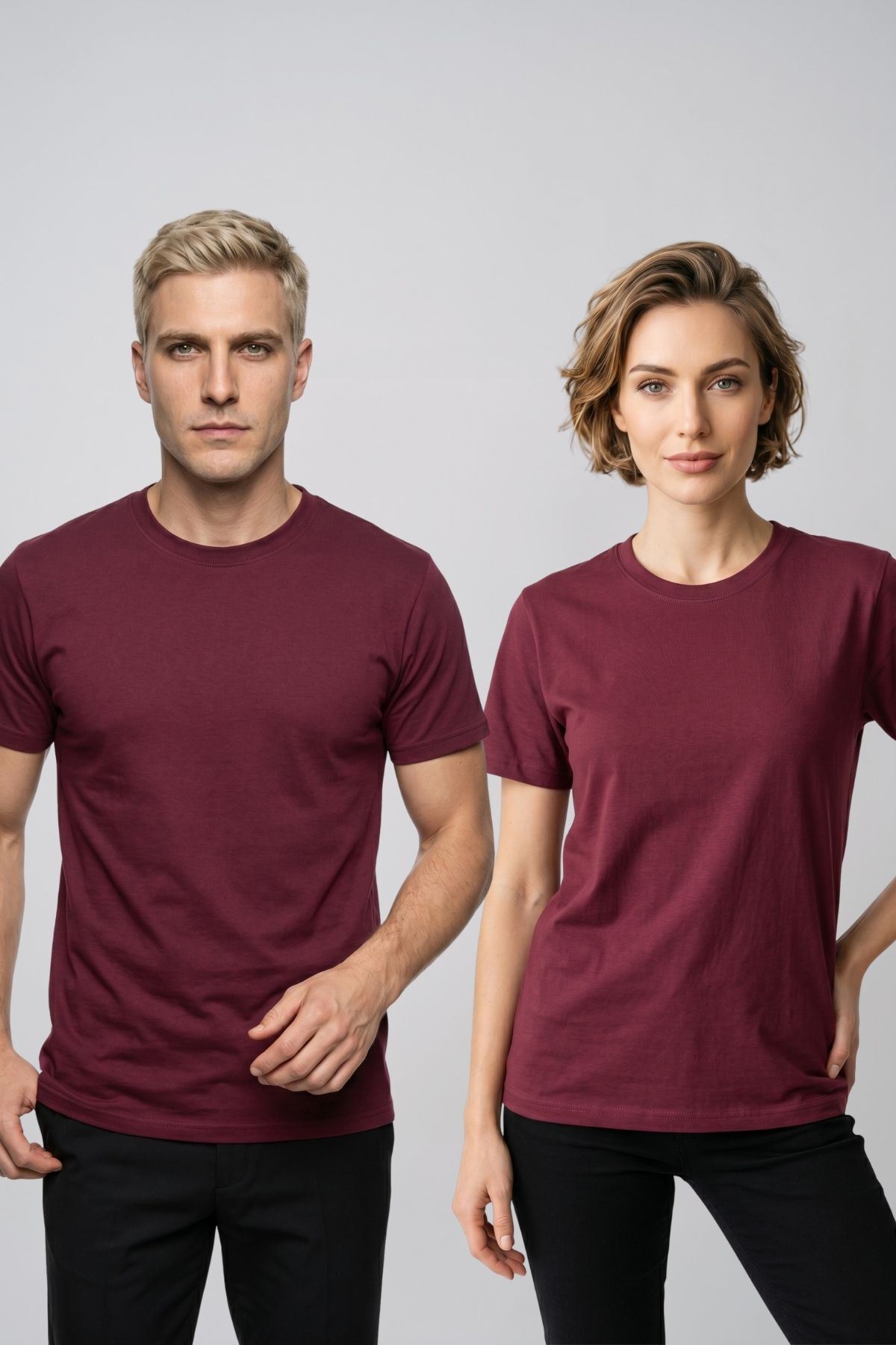 Çift Kombini 2'li Set Bisiklet Yaka Kısa Kollu Basic Tişört - Pamuklu Likralı Esnek Rahat Kesim Günlük Sevgili T-Shirt