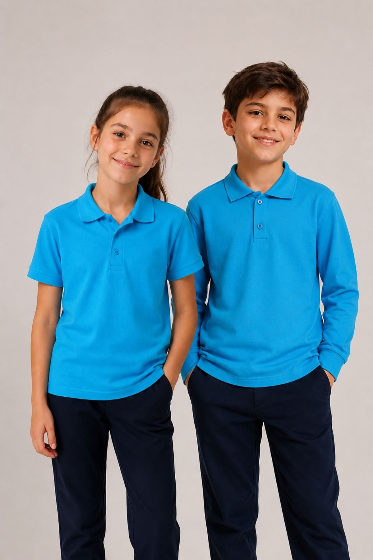 Çocuk Unisex 2'li Set Pamuklu Polo Yaka Düğmeli Tişört - Hem Uzun Hem Kısa Kollu Okul ve Günlük Giyim Rahat Kalıp Basic T-shirt
