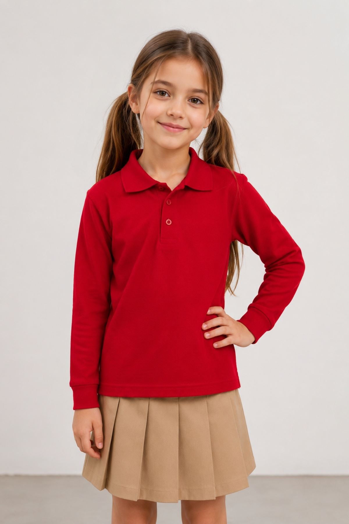 Unisex Çocuk Gri Melanj Uzun Kollu Polo Yaka Düz Basic Tişört - Rahat Pamuklu Kumaş Günlük ve Okul Kullanımına Uygun