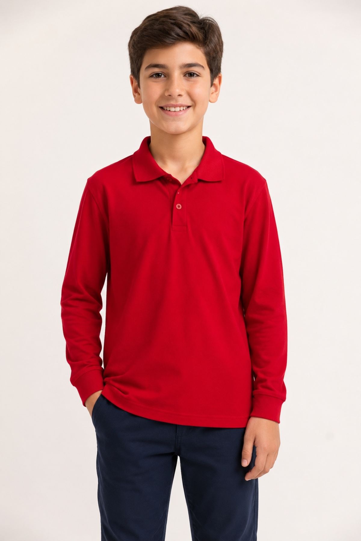 Unisex Çocuk Gri Melanj Uzun Kollu Polo Yaka Düz Basic Tişört - Rahat Pamuklu Kumaş Günlük ve Okul Kullanımına Uygun