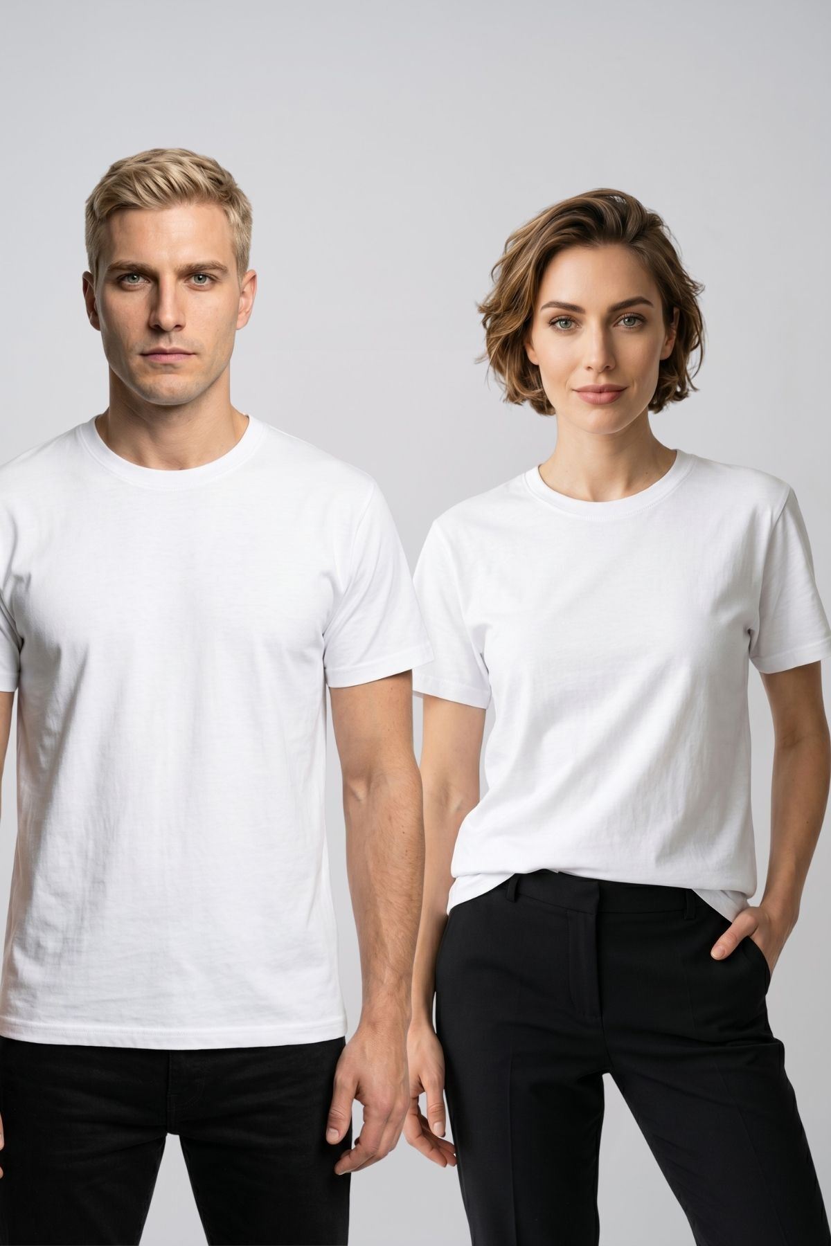 Çift Kombini 2'li Set Bisiklet Yaka Kısa Kollu Basic Tişört - Pamuklu Likralı Esnek Rahat Kesim Günlük Sevgili T-Shirt