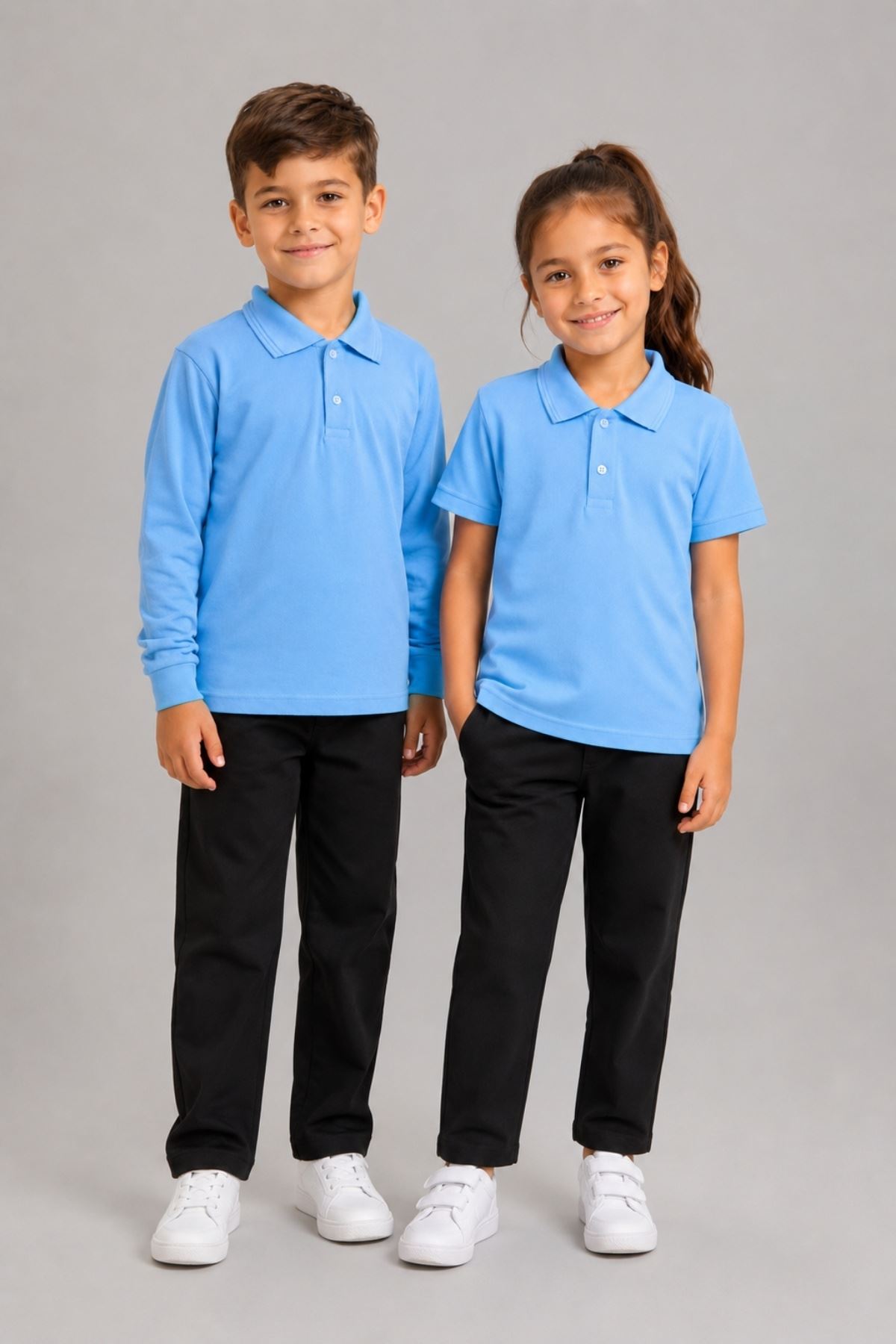 Çocuk Unisex 2'li Set Pamuklu Polo Yaka Düğmeli Tişört - Hem Uzun Hem Kısa Kollu Okul ve Günlük Giyim Rahat Kalıp Basic T-shirt