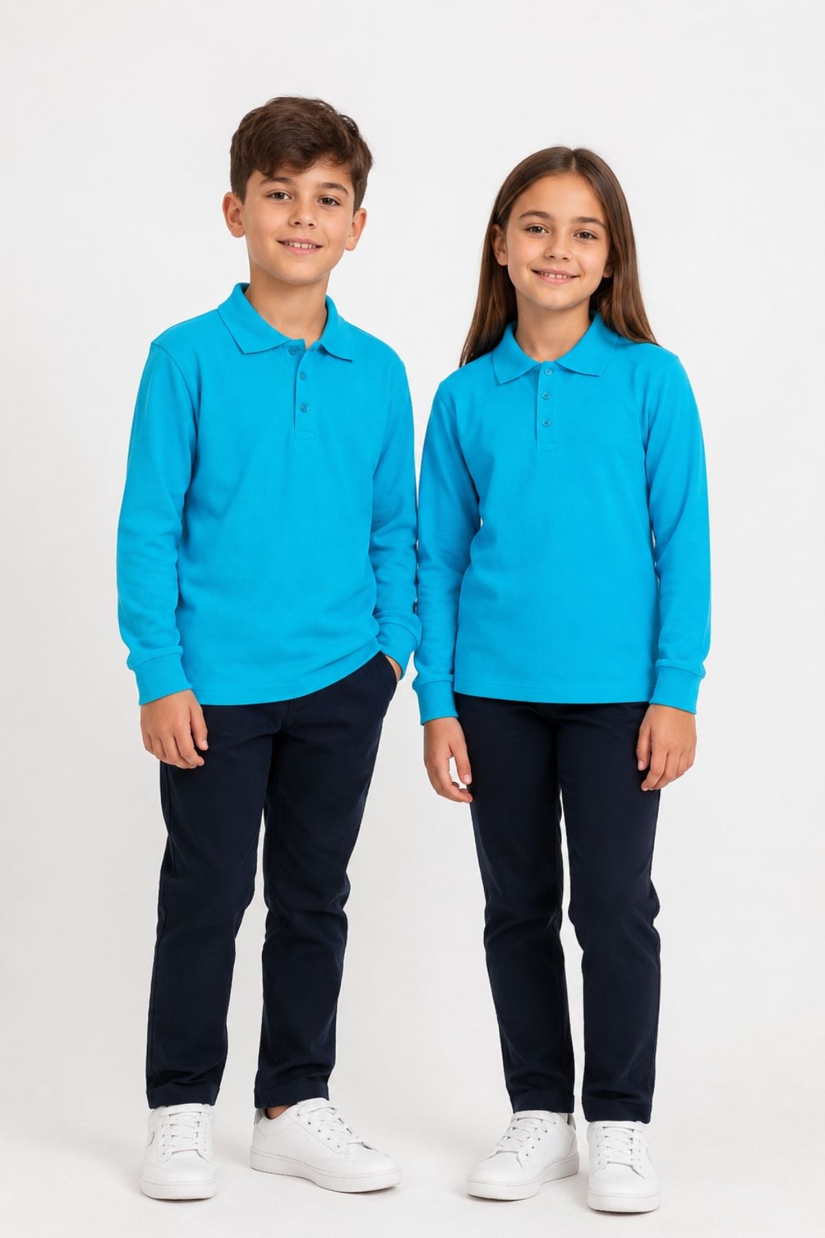 Çocuk Unisex 2'li Set Pamuklu Polo Yaka Düğmeli Tişört - Hem Uzun Hem Kısa Kollu Okul ve Günlük Giyim Rahat Kalıp Basic T-shirt