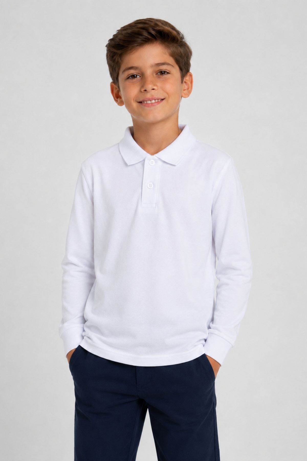 Unisex Çocuk Gri Melanj Uzun Kollu Polo Yaka Düz Basic Tişört - Rahat Pamuklu Kumaş Günlük ve Okul Kullanımına Uygun