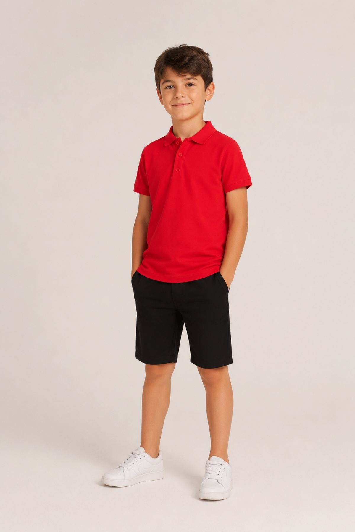 Unisex Kız Erkek Çocuk Polo Yaka Düğmeli Kısa Kollu Pamuklu Basic Tişört Günlük Okul Rahat Kesim T-Shirt
