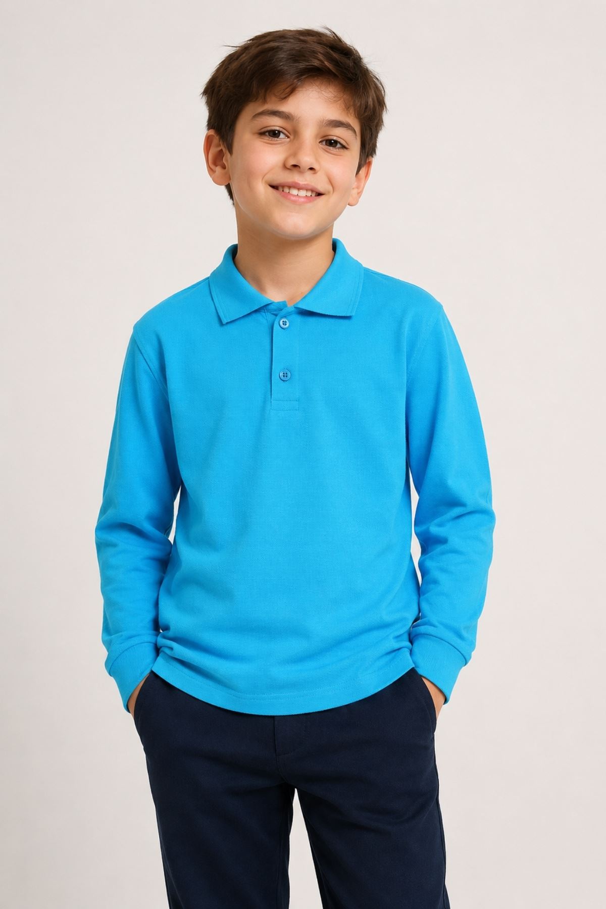 Çocuk Unisex 2'li Set Pamuklu Polo Yaka Düğmeli Tişört - Hem Uzun Hem Kısa Kollu Okul ve Günlük Giyim Rahat Kalıp Basic T-shirt