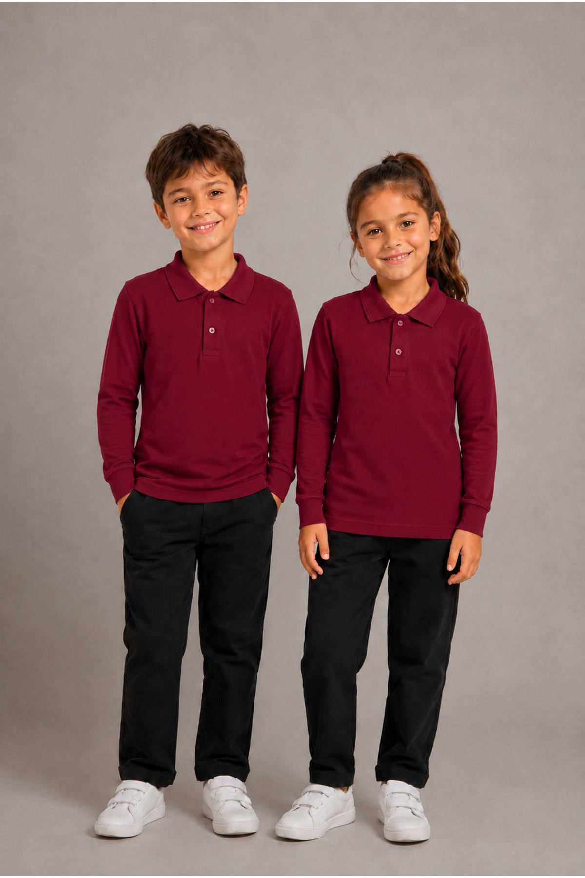 Unisex Çocuk Gri Melanj Uzun Kollu Polo Yaka Düz Basic Tişört - Rahat Pamuklu Kumaş Günlük ve Okul Kullanımına Uygun