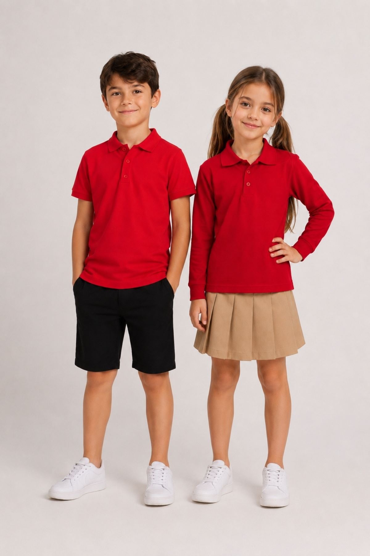 Çocuk Unisex 2'li Set Pamuklu Polo Yaka Düğmeli Tişört - Hem Uzun Hem Kısa Kollu Okul ve Günlük Giyim Rahat Kalıp Basic T-shirt
