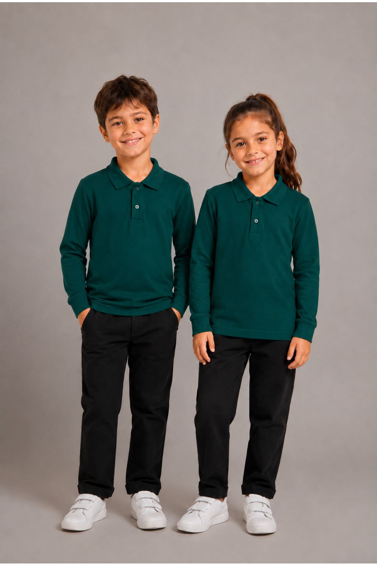Unisex Çocuk Gri Melanj Uzun Kollu Polo Yaka Düz Basic Tişört - Rahat Pamuklu Kumaş Günlük ve Okul Kullanımına Uygun