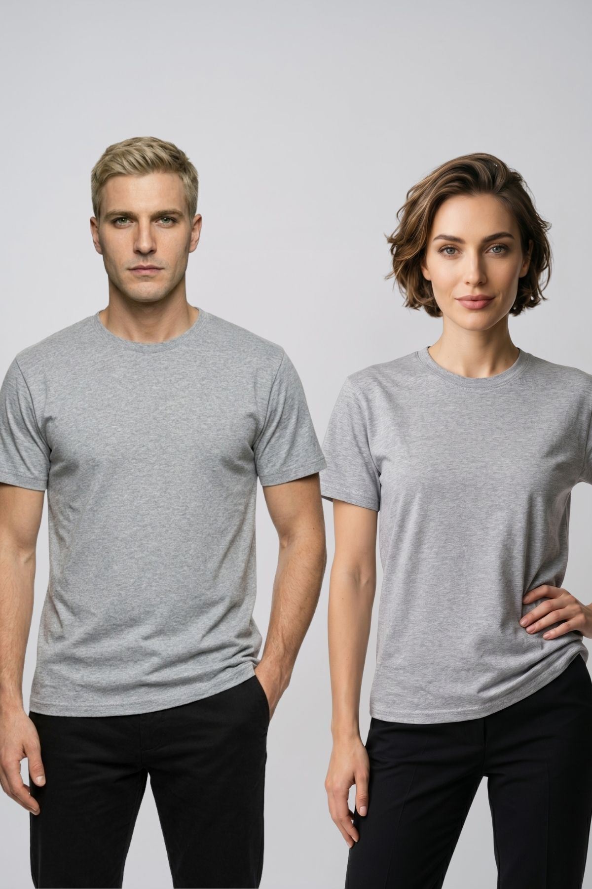Çift Kombini 2'li Set Bisiklet Yaka Kısa Kollu Basic Tişört - Pamuklu Likralı Esnek Rahat Kesim Günlük Sevgili T-Shirt