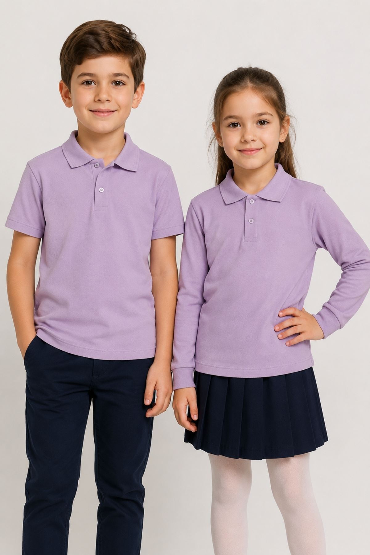 Çocuk Unisex Lila Renk 2'li Set Pamuklu Polo Yaka Düğmeli Tişört - Hem Uzun Hem Kısa Kollu Okul ve Günlük Giyim Rahat Kalıp Basic T-shirt