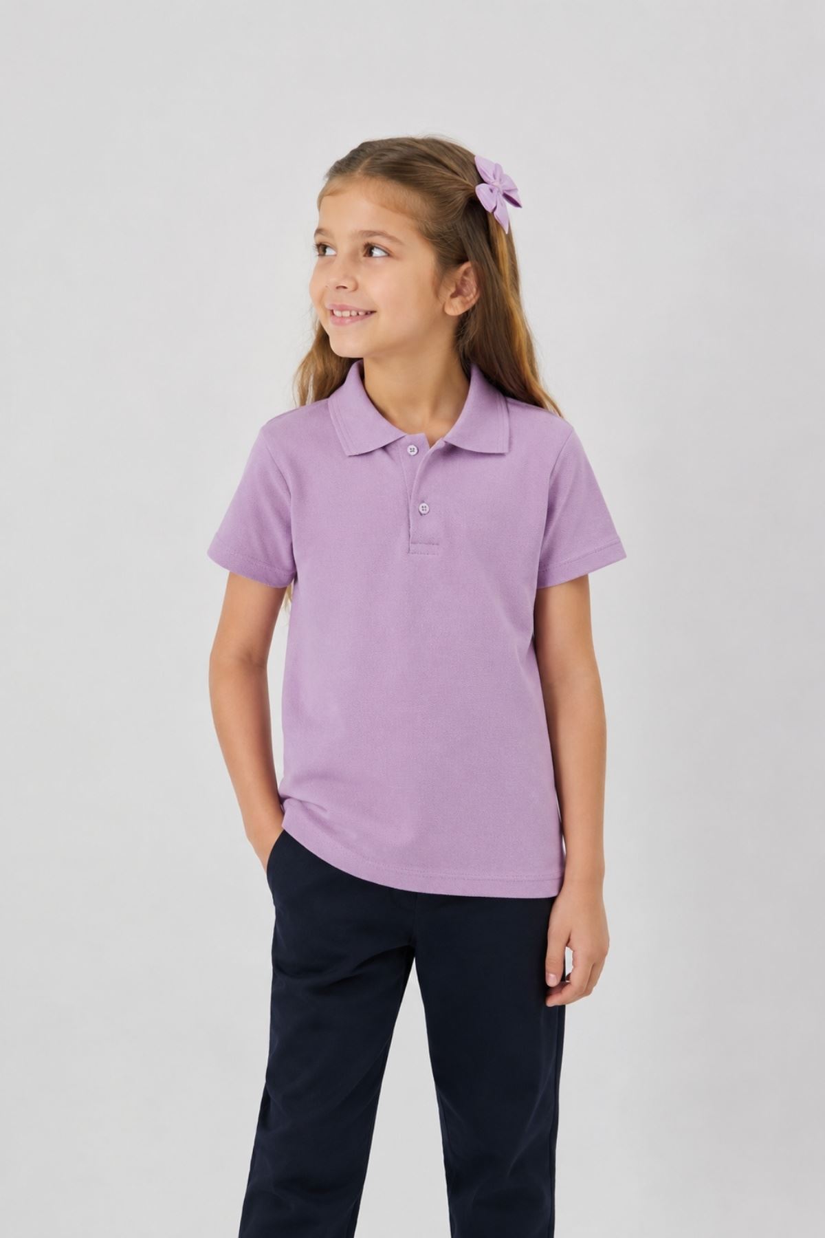 Unisex Kız Erkek Çocuk Lila Polo Yaka Düğmeli Kısa Kollu Pamuklu Basic Tişört Günlük Okul Rahat Kesim T-Shirt