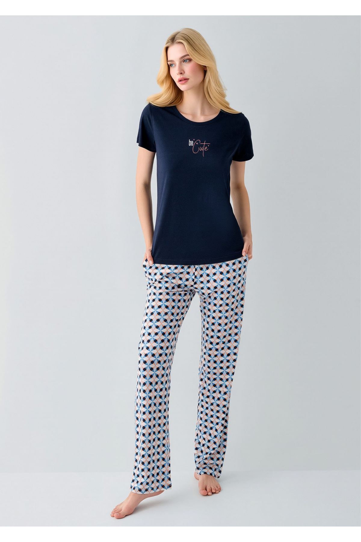 Kadın Lacivert Be Cute Yazılı Desenli Alt Pijama Takımı - Pamuklu Ev Giyimi