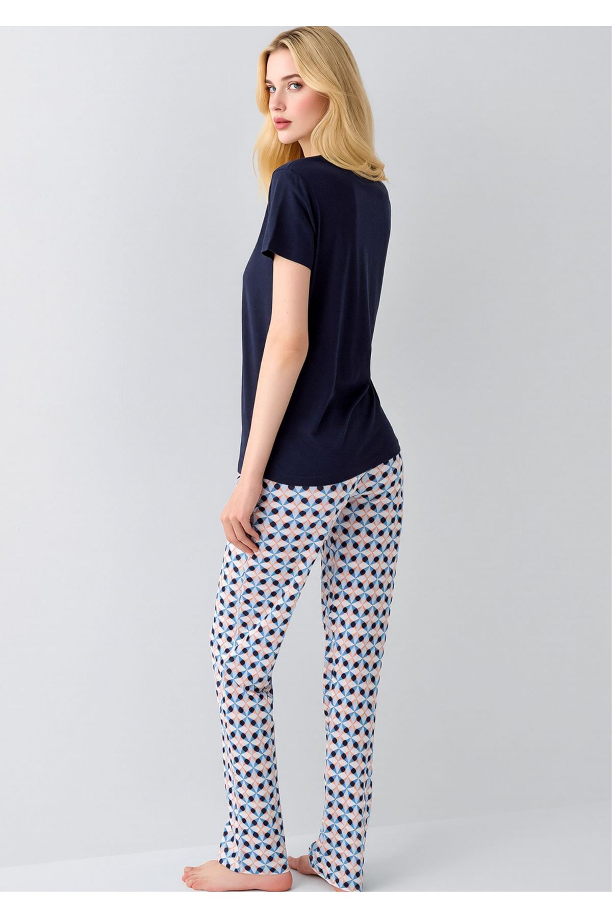 Kadın Lacivert Be Cute Yazılı Desenli Alt Pijama Takımı - Pamuklu Ev Giyimi