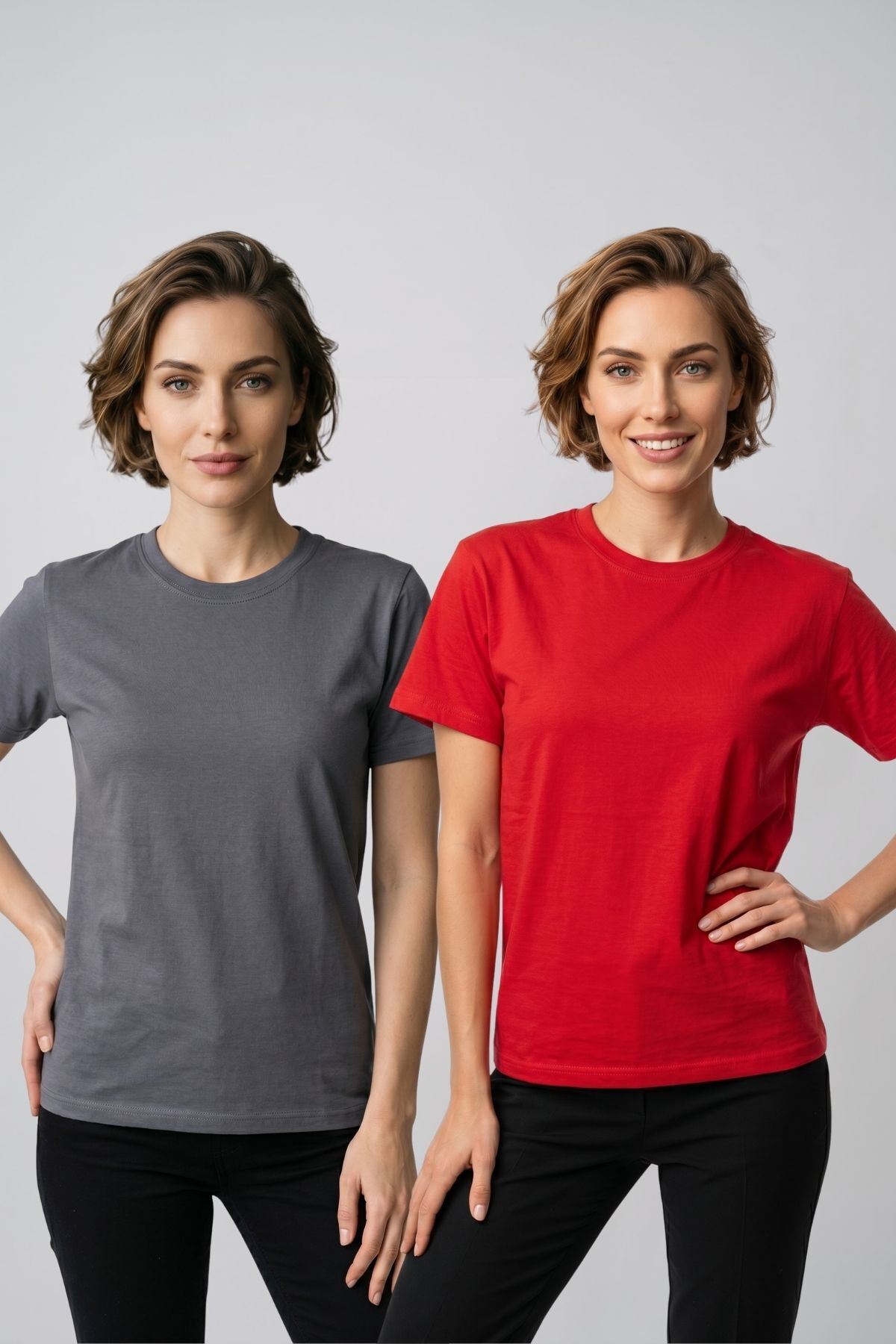 Kadın 2'li Paket Basic Bisiklet Yaka Kısa Kollu Tişört - Günlük Rahat Kesim T-Shirt