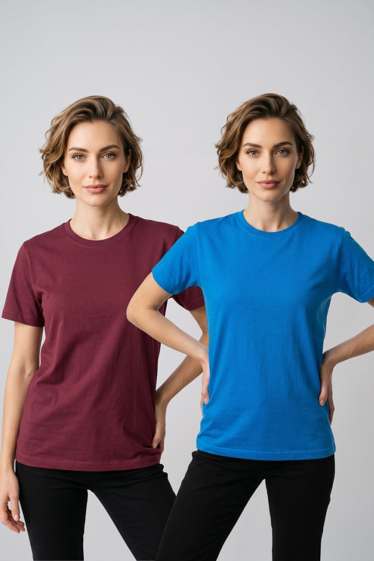 Kadın 2'li Paket Basic Bisiklet Yaka Kısa Kollu Tişört - Günlük Rahat Kesim T-Shirt