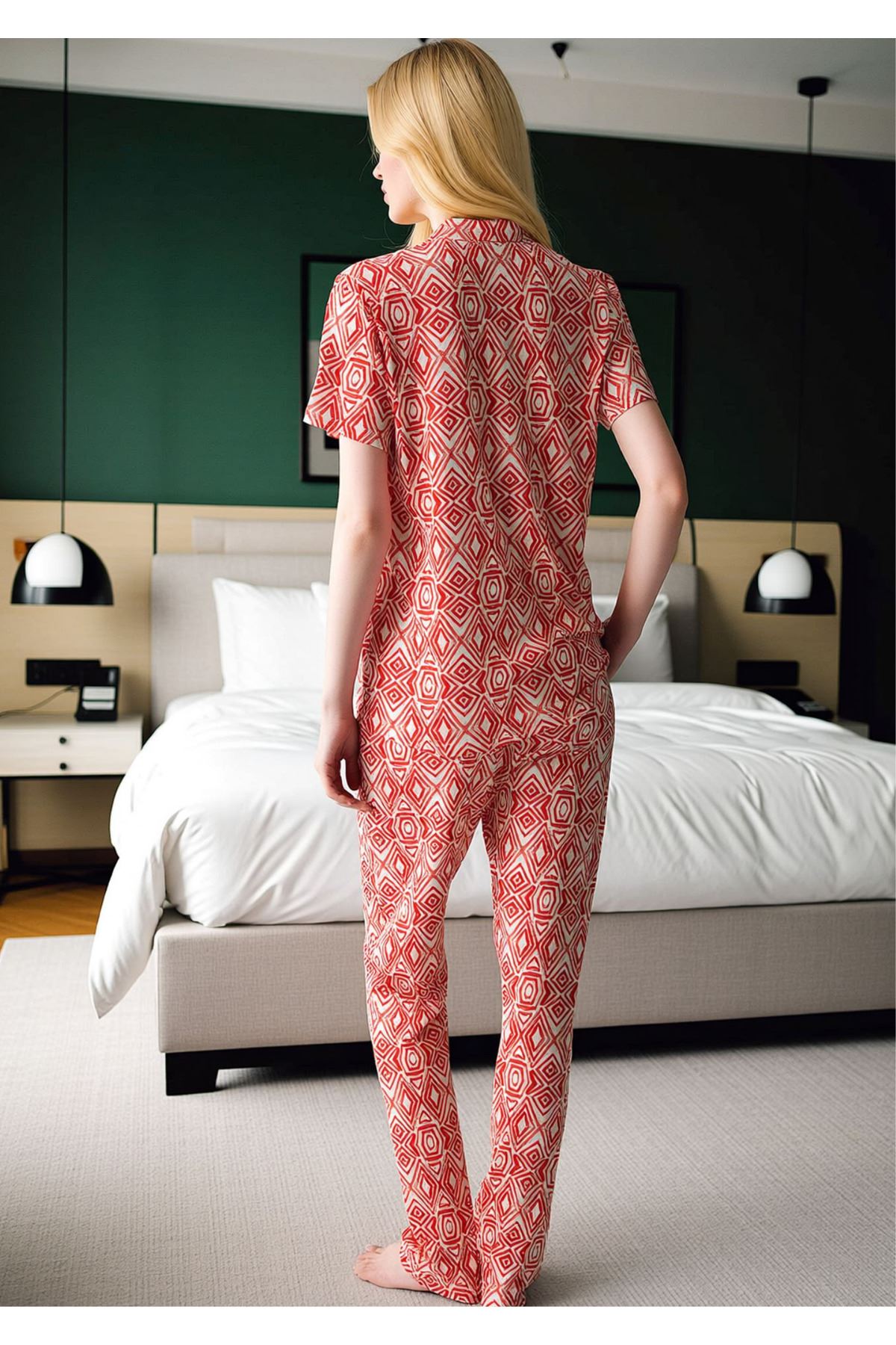 Geometrik Desenli Kısa Kollu Düğmeli Pijama Takımı
