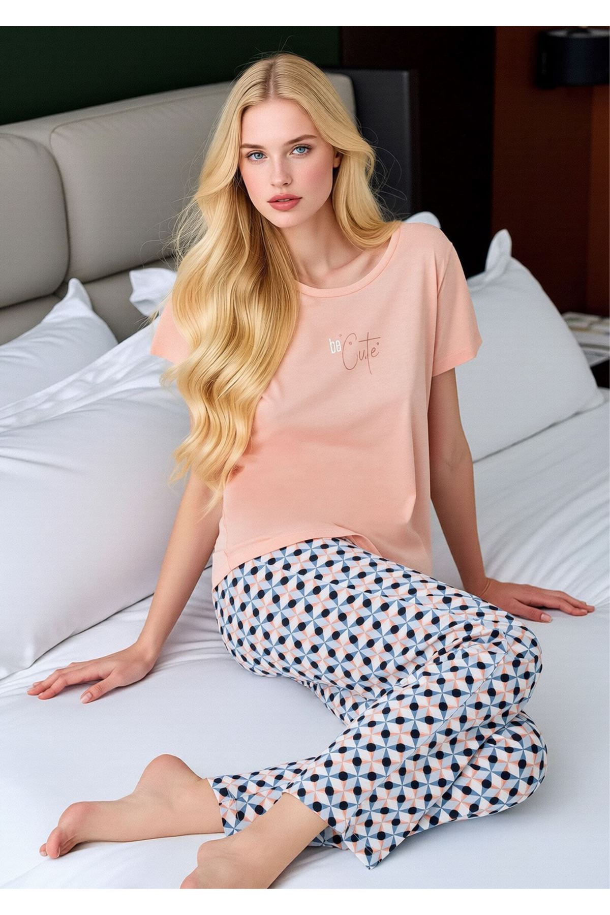 Kadın Somon Be Cute Yazılı Desenli Alt Pijama Takımı - Pamuklu Ev Giyimi