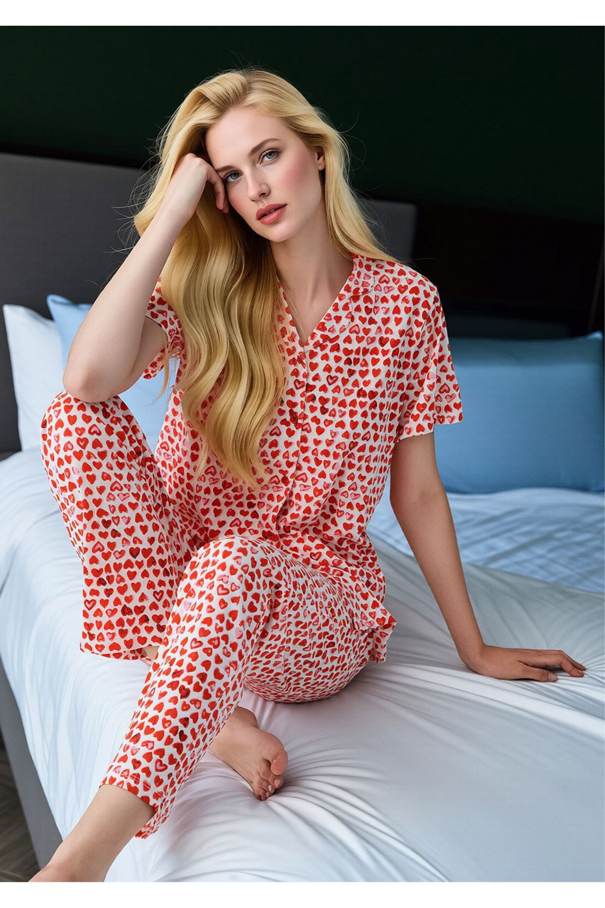Kadın Kırmızı Kalp Desenli Gömlek Yaka Pijama Takımı - Önden Düğmeli Pamuklu Set