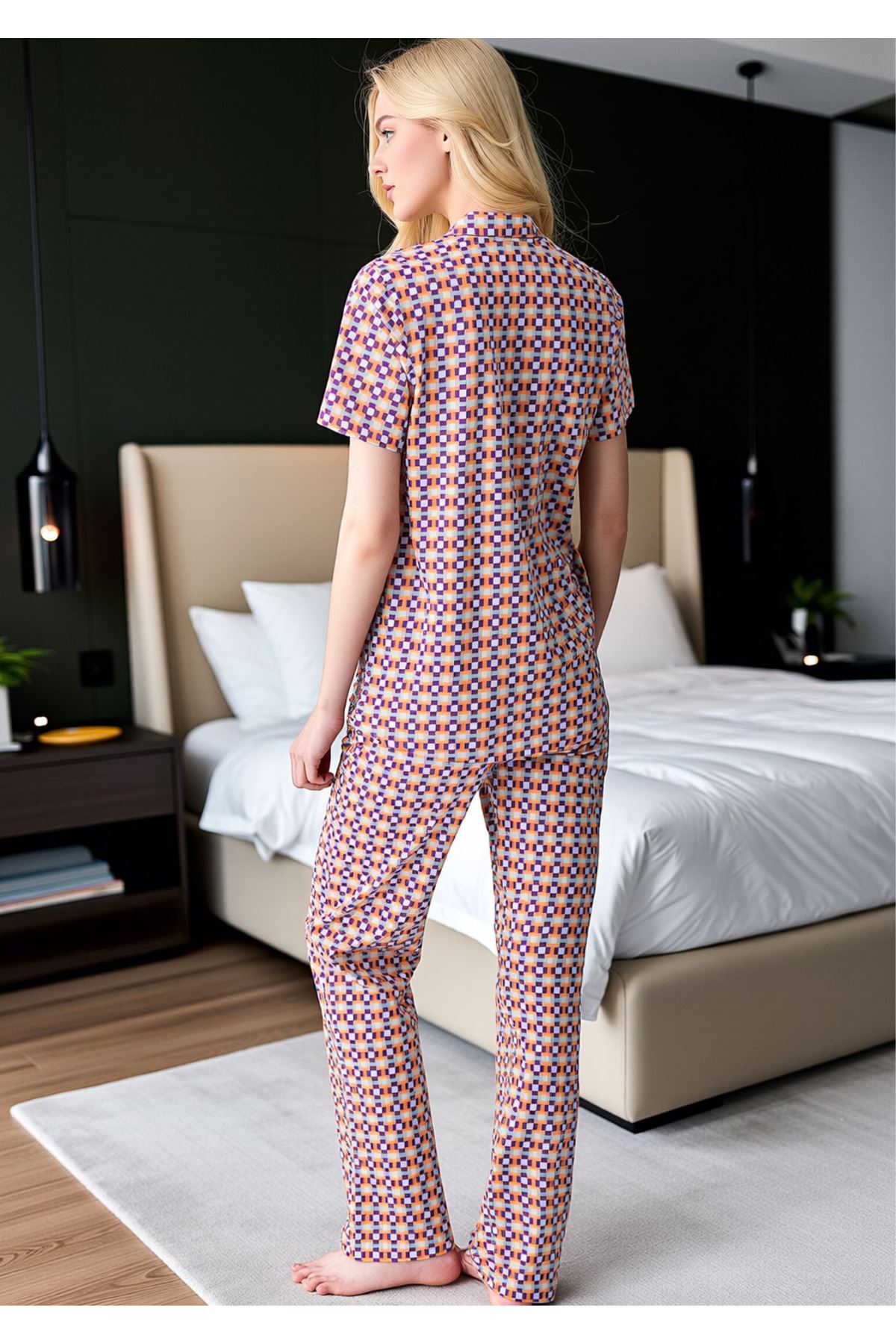 Kadın Mor Turuncu Desenli Gömlek Yaka Pijama Takımı - Önden Düğmeli Pamuklu Set