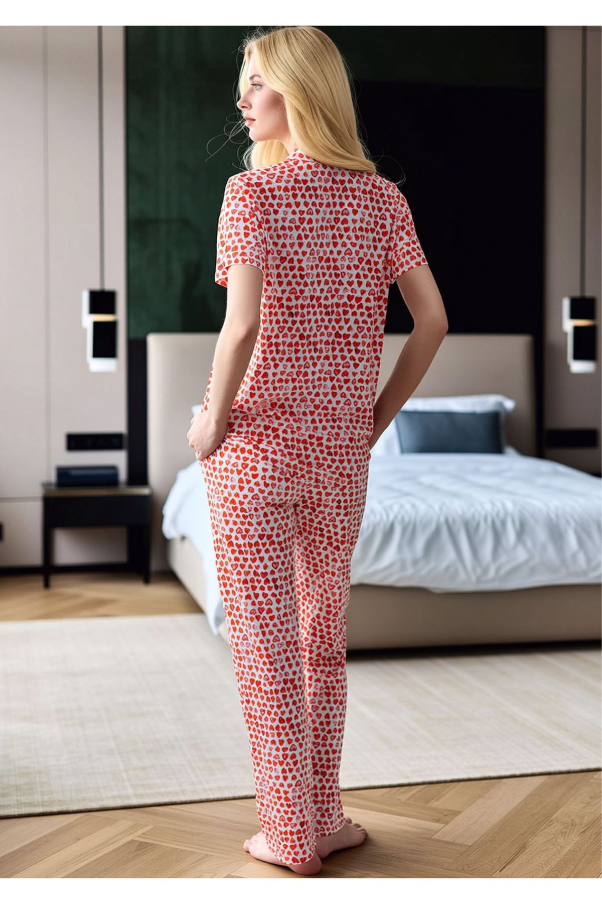 Kadın Kırmızı Kalp Desenli Gömlek Yaka Pijama Takımı - Önden Düğmeli Pamuklu Set