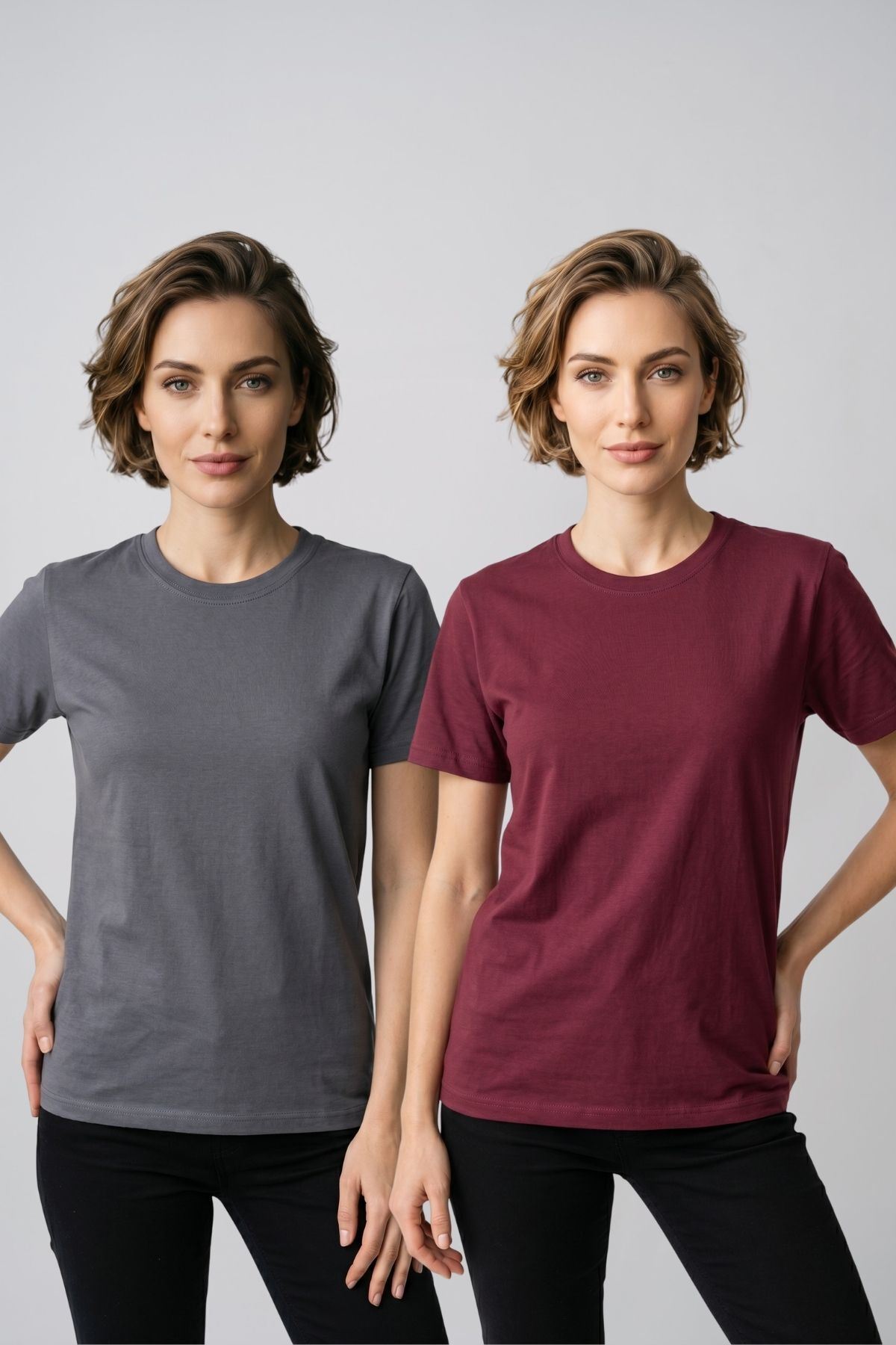 Kadın 2'li Paket Basic Bisiklet Yaka Kısa Kollu Tişört - Günlük Rahat Kesim T-Shirt