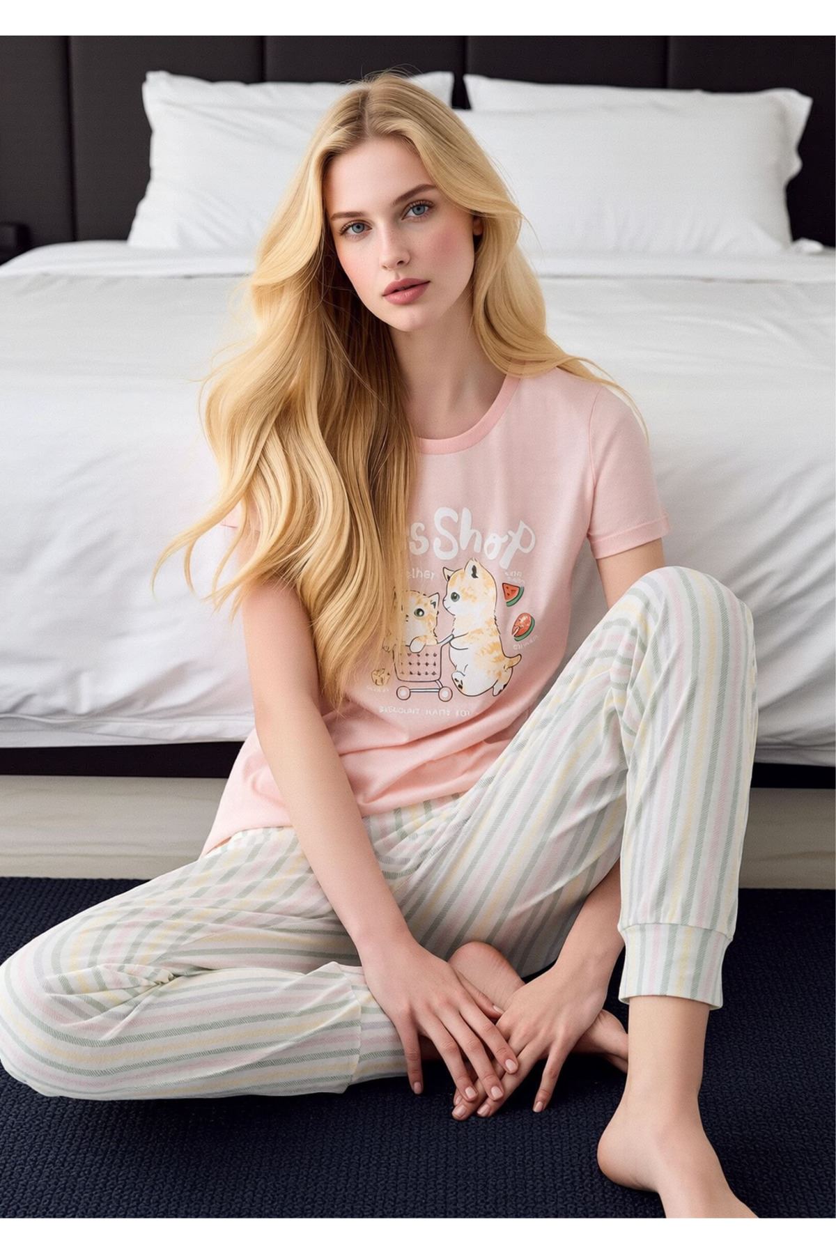 Kadın Pembe Kedili Let's Shop Baskılı Pijama Takımı - Çizgili Pantolonlu Pamuklu Set