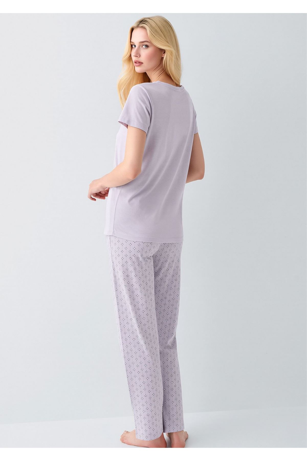 Kadın Lila Pamuklu Kısa Kollu Pijama Takımı - Baskılı Alt Üst Set