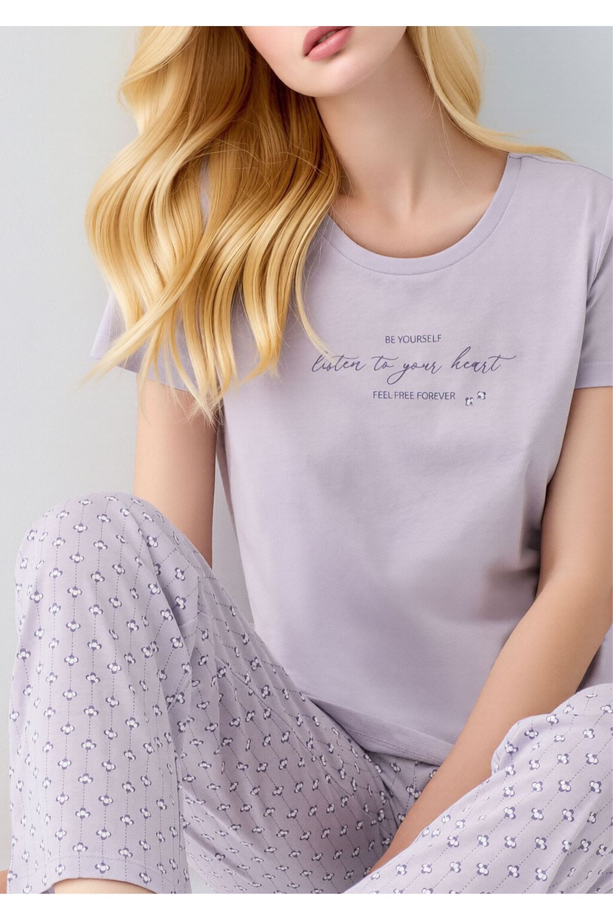 Kadın Lila Pamuklu Kısa Kollu Pijama Takımı - Baskılı Alt Üst Set