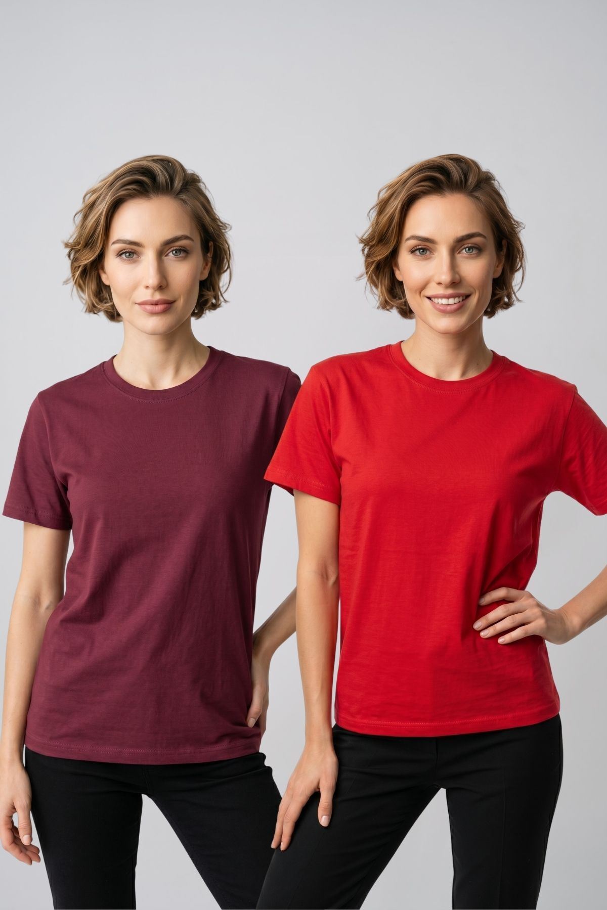 Kadın 2'li Paket Basic Bisiklet Yaka Kısa Kollu Tişört - Günlük Rahat Kesim T-Shirt