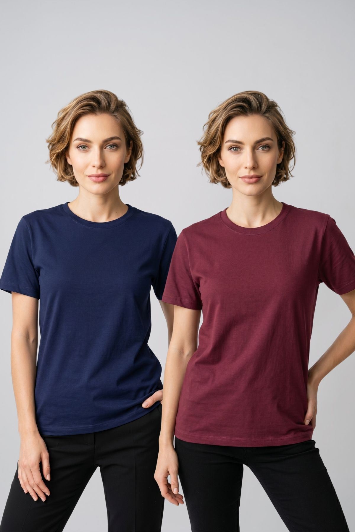 Kadın 2'li Paket Basic Bisiklet Yaka Kısa Kollu Tişört - Günlük Rahat Kesim T-Shirt