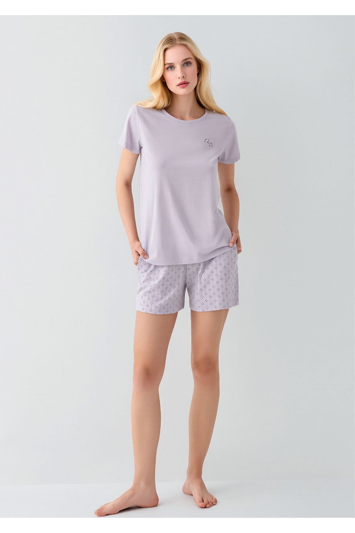 Kadın Lila Pamuklu Şortlu Pijama Takımı - Kısa Kollu Desenli Şort Set