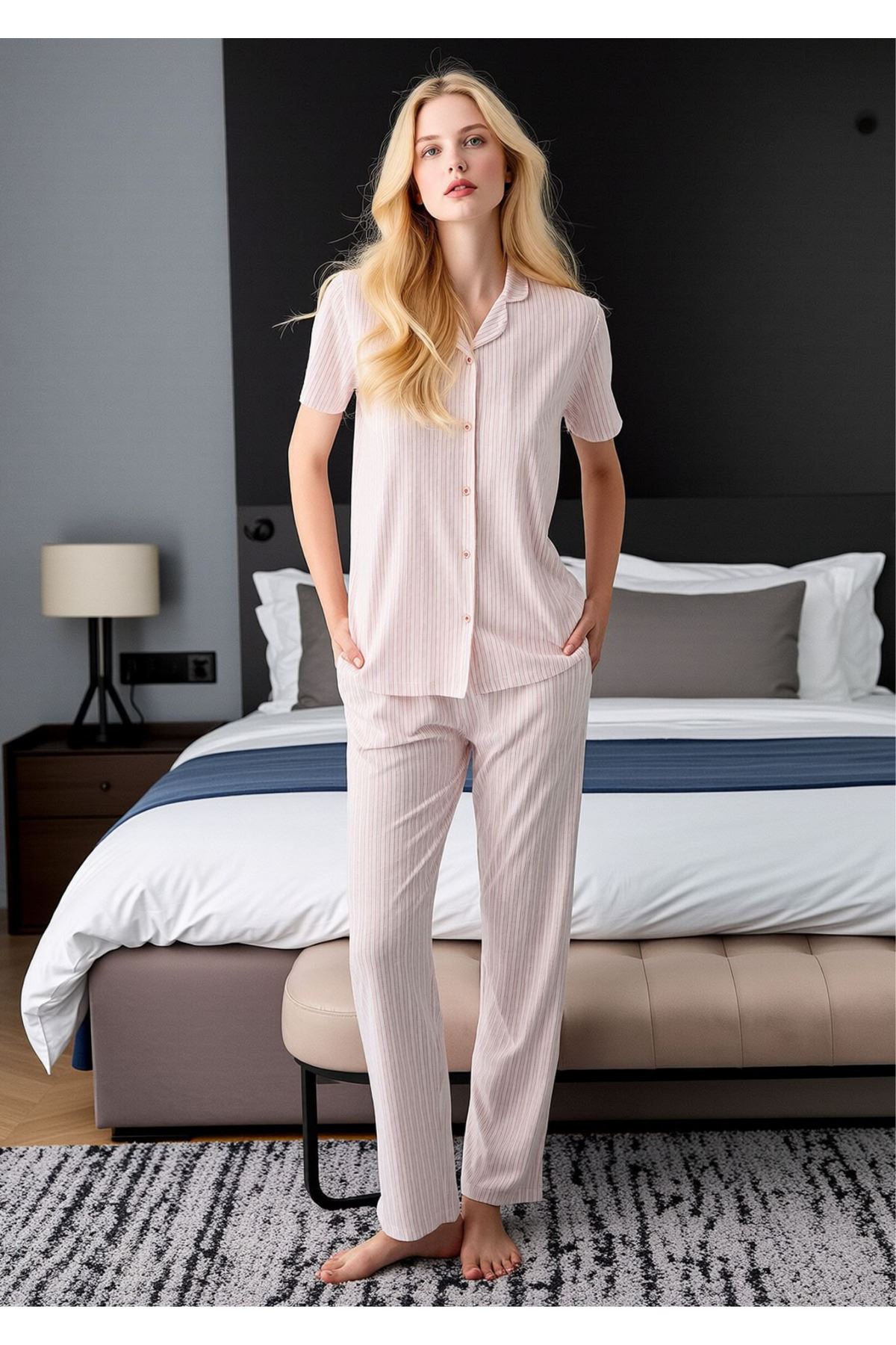 Kadın Pembe Düğmeli Gömlek Yaka Pijama Takımı - Kısa Kollu Çizgili Ev Giyim Takımı