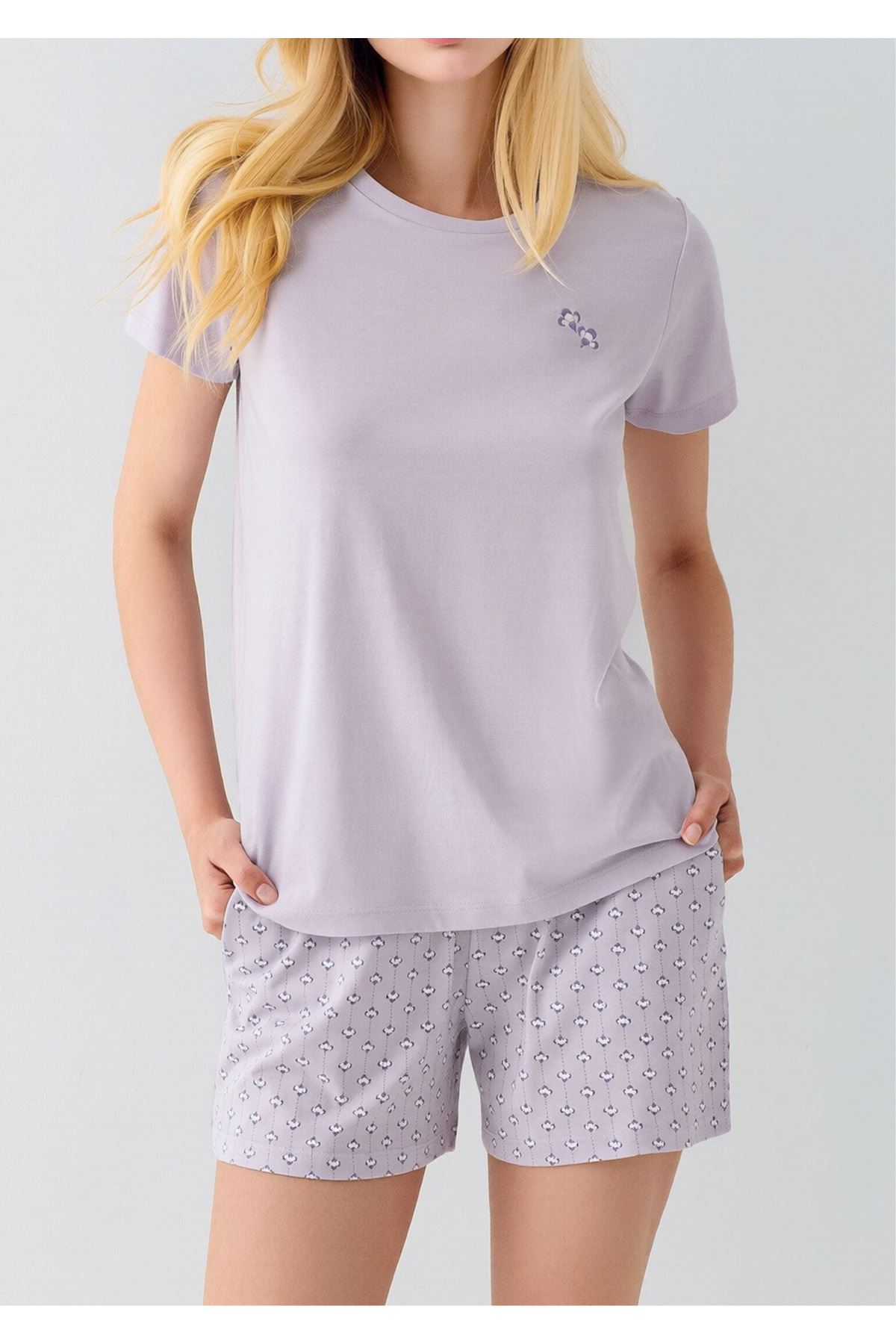 Kadın Lila Pamuklu Şortlu Pijama Takımı - Kısa Kollu Desenli Şort Set
