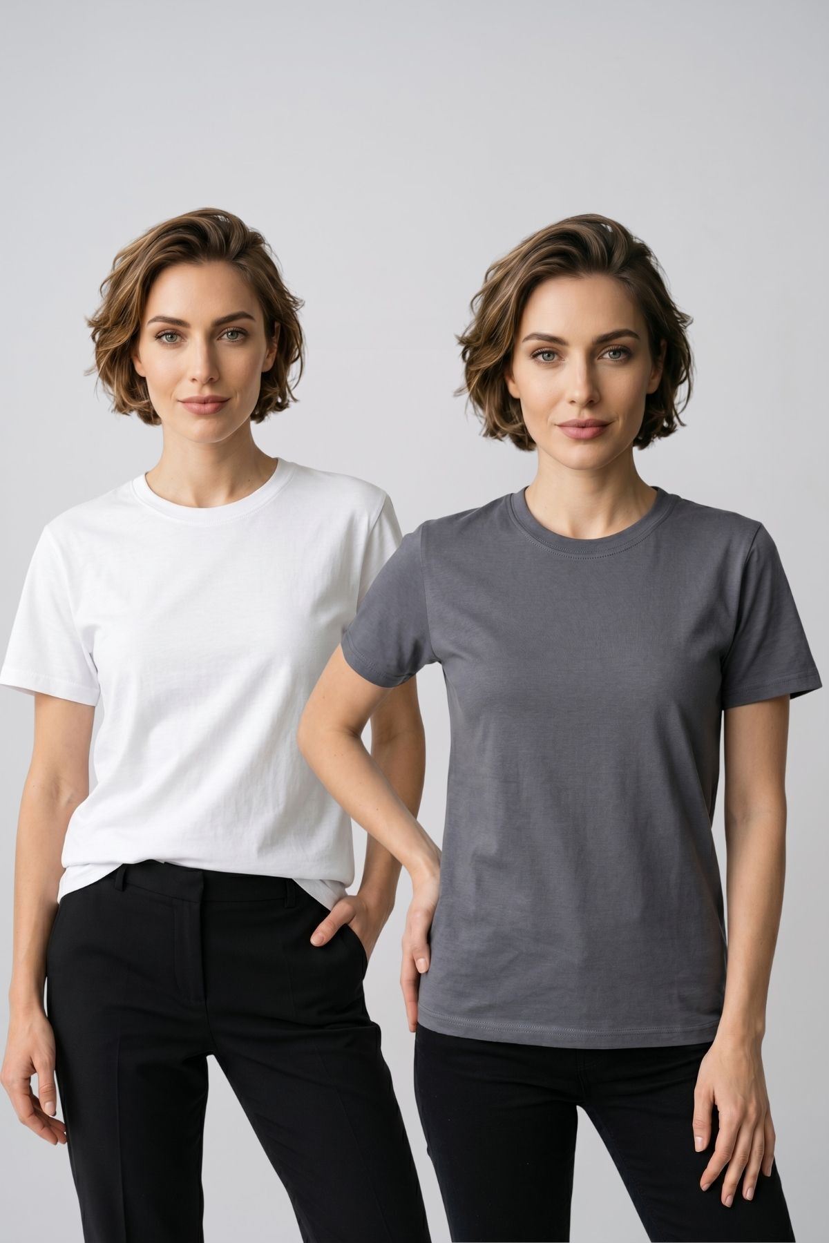 Kadın 2'li Paket Basic Bisiklet Yaka Kısa Kollu Tişört - Günlük Rahat Kesim T-Shirt