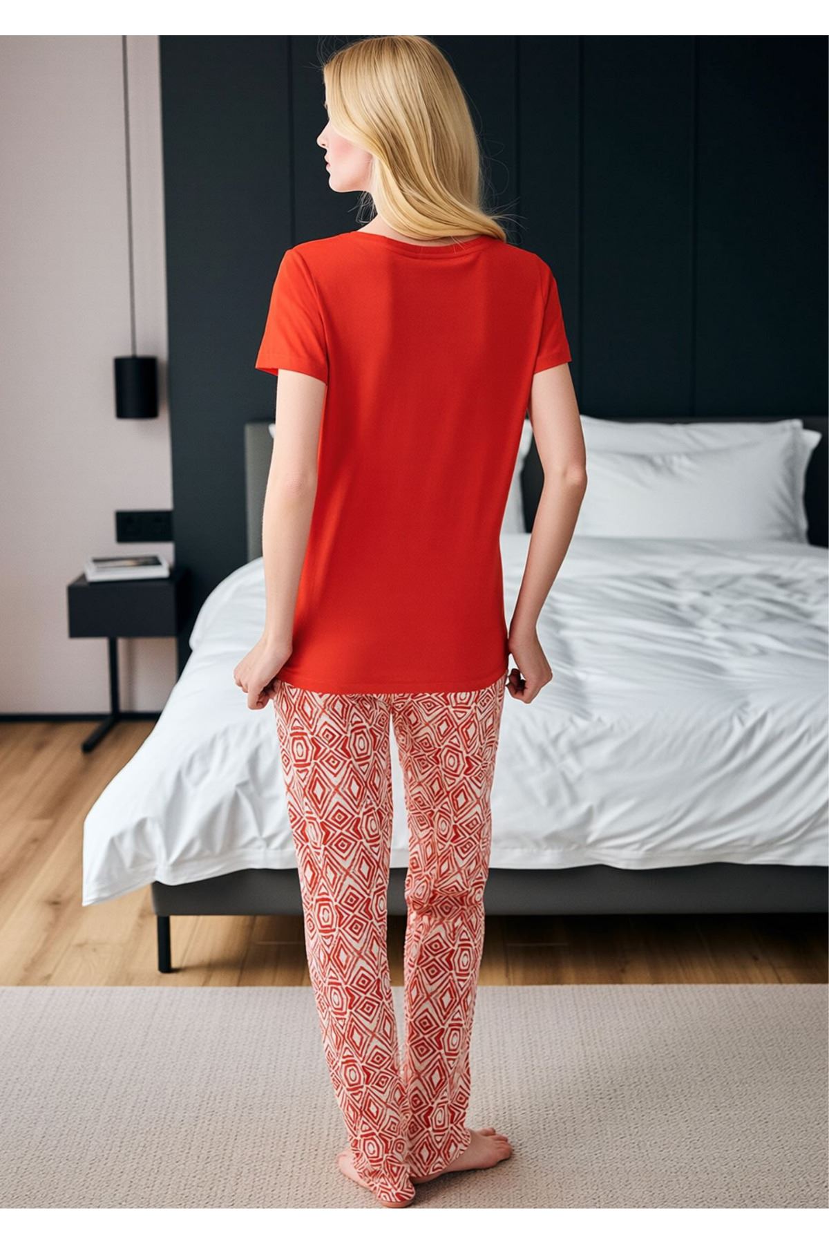 Kadın Keep Moving Baskılı Pijama Takımı - Geometrik Desenli Pamuklu Ev Giyim Takımı