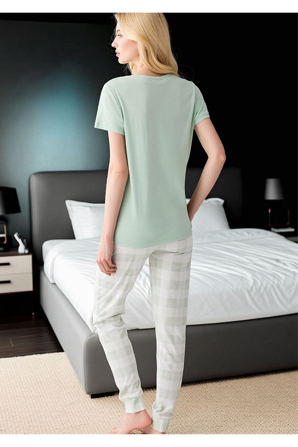 Kadın Mint Yeşili Sunsets Baskılı Pijama Takımı - Ekoseli Pantolonlu Pamuklu Set
