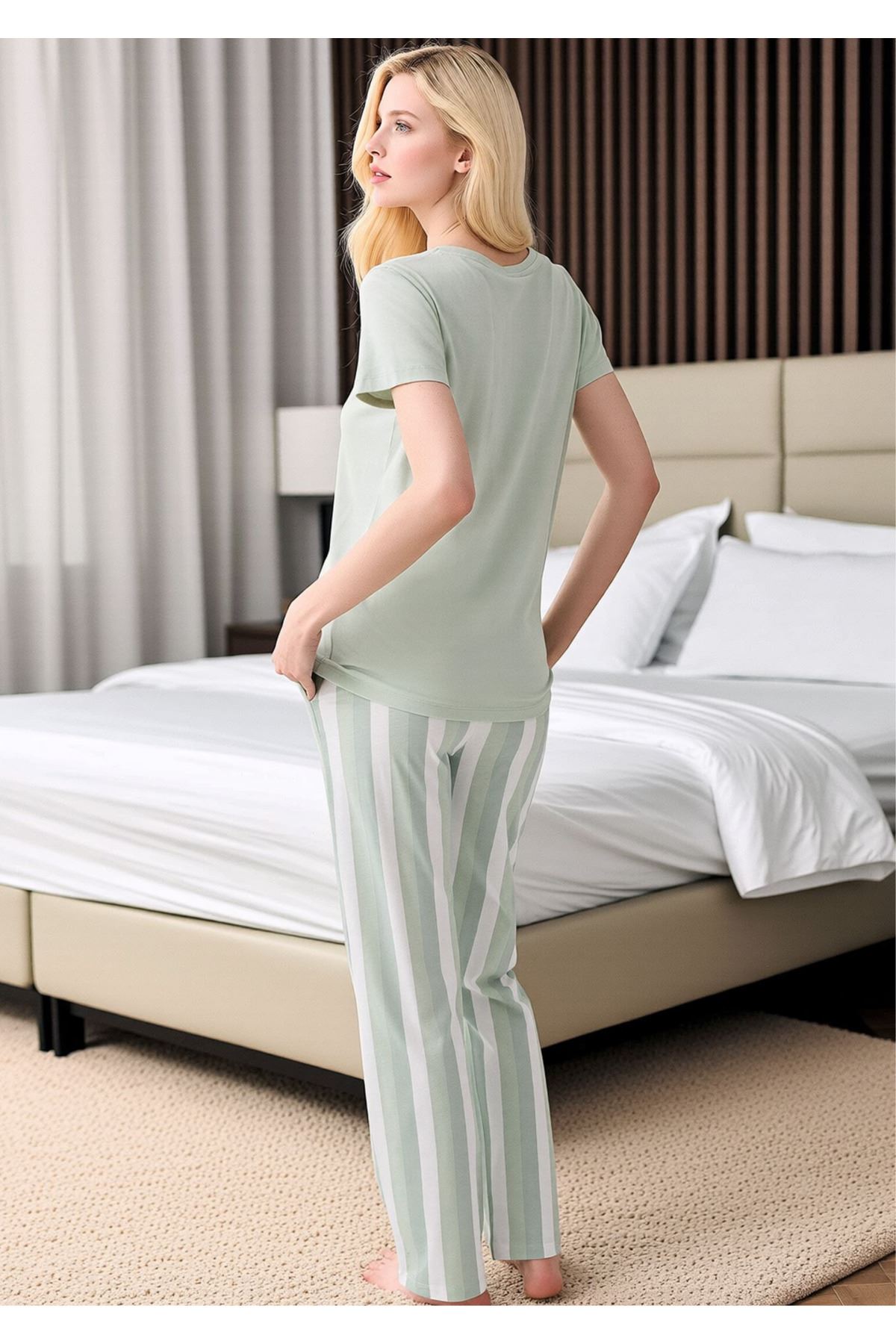 Kadın Beyaz Su Yeşili Çizgili Pijama Takımı - Pamuklu Uzun Pantolonlu Ev Giyimi Seti