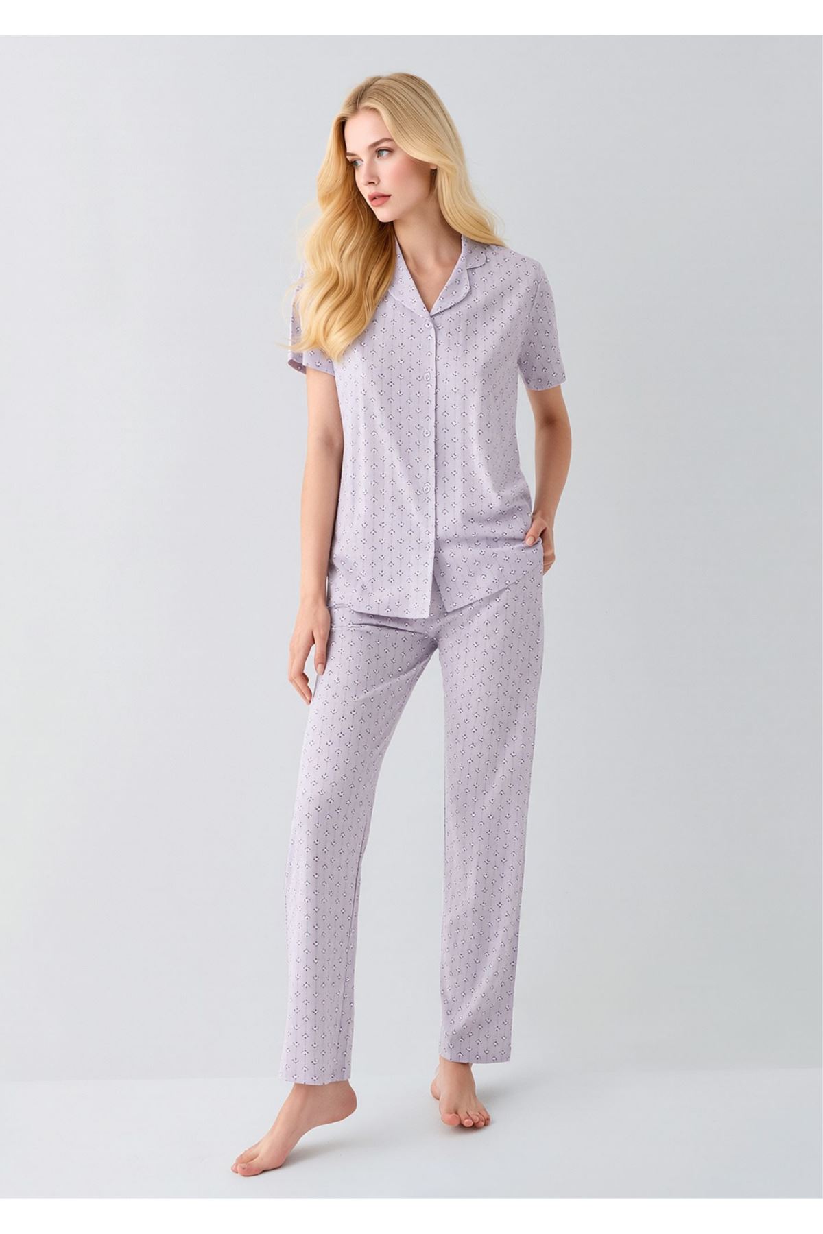 Lila Desenli Önden Düğmeli Pamuklu Kadın Pijama Takımı