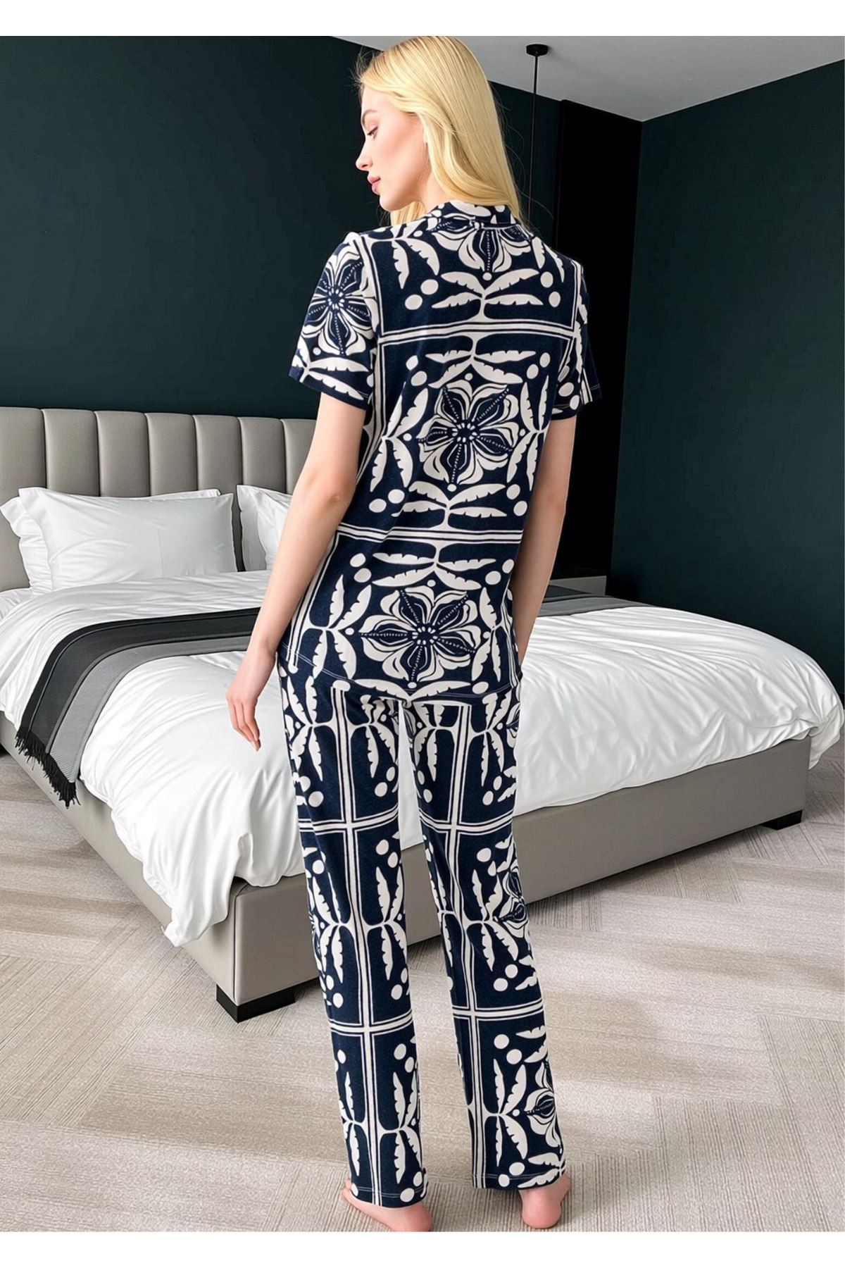 Kadın Lacivert Çiçek Desenli Düğmeli Pijama Takımı - Gömlek Yaka Pamuklu Ev Giyimi