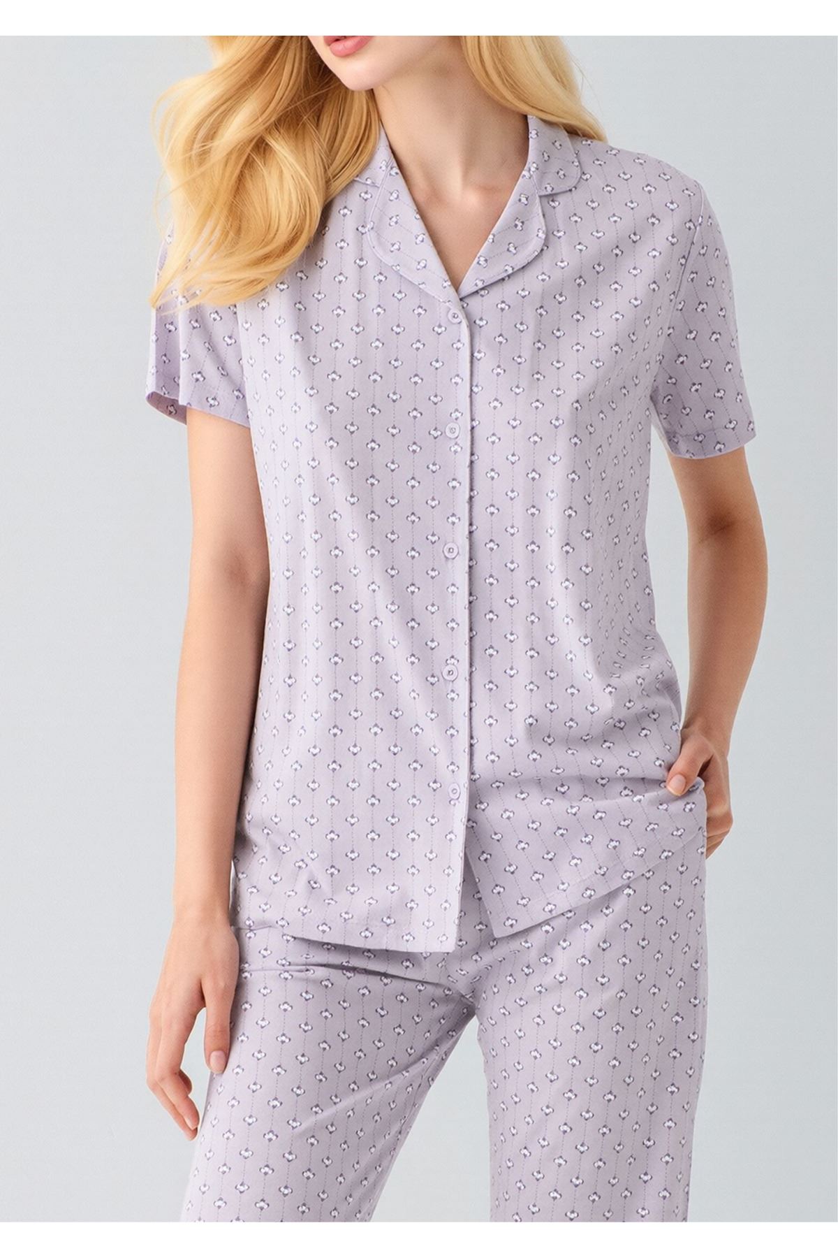 Lila Desenli Önden Düğmeli Pamuklu Kadın Pijama Takımı