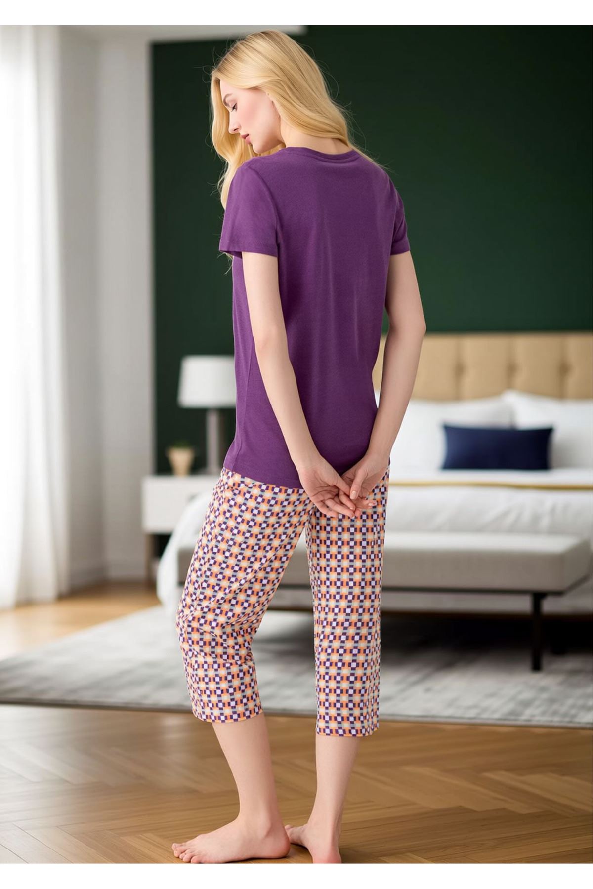 Kadın Mor Kısa Kollu Kapri Pijama Takımı - Desenli Alt Pamuklu Ev Giyimi