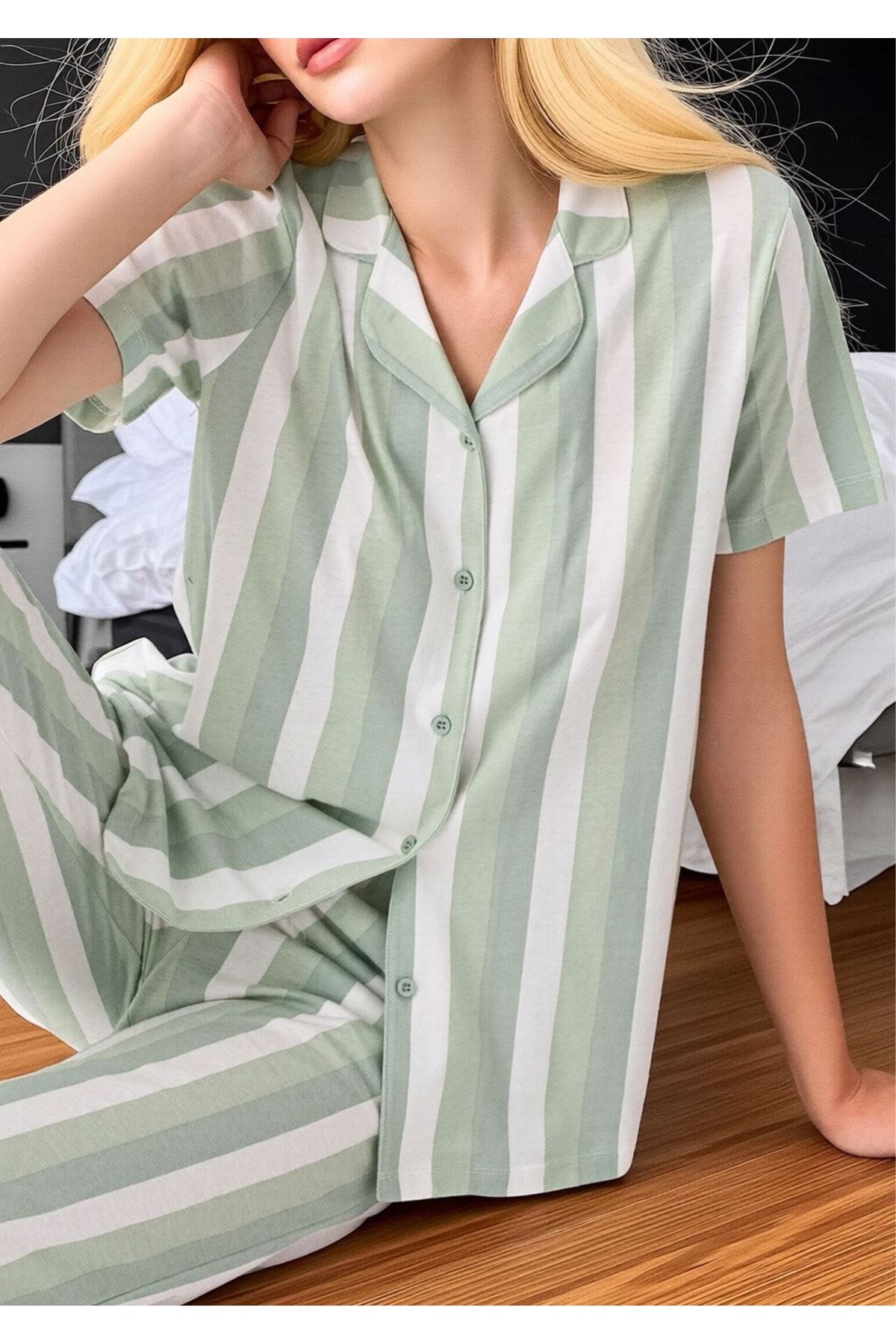 Kadın Su Yeşili Çizgili Düğmeli Pijama Takımı - Gömlek Yaka Pamuklu Ev Giyimi